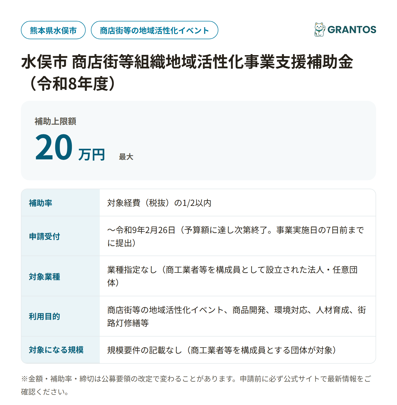 水俣市 商店街等組織地域活性化事業支援補助金の対象・金額・締切の概要