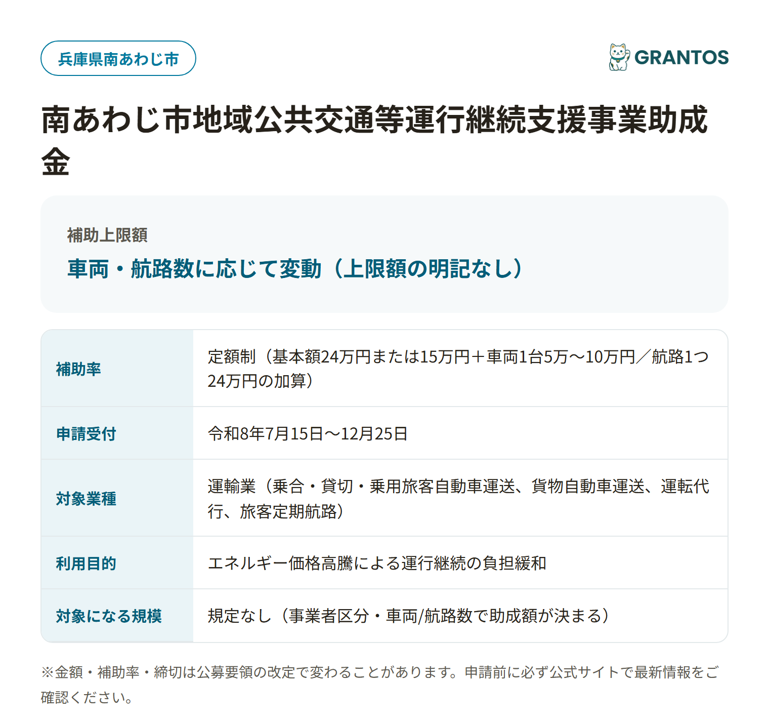 南あわじ市地域公共交通等運行継続支援事業助成金の対象・金額・締切の概要