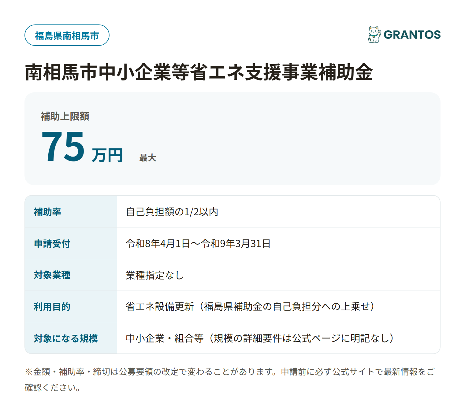 南相馬市中小企業等省エネ支援事業補助金の対象・金額・締切の概要