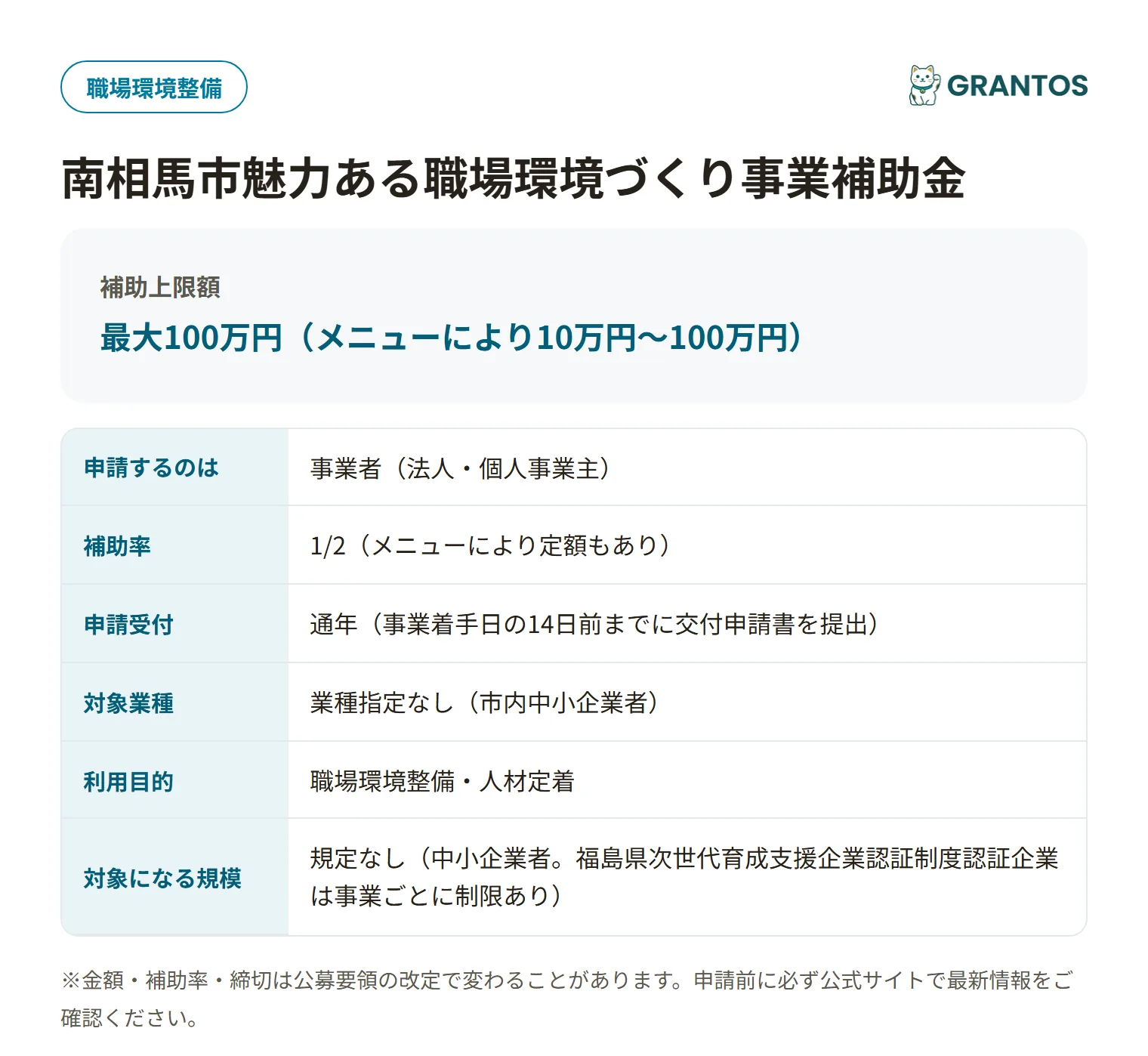 南相馬市魅力ある職場環境づくり事業補助金の対象・金額・締切の概要