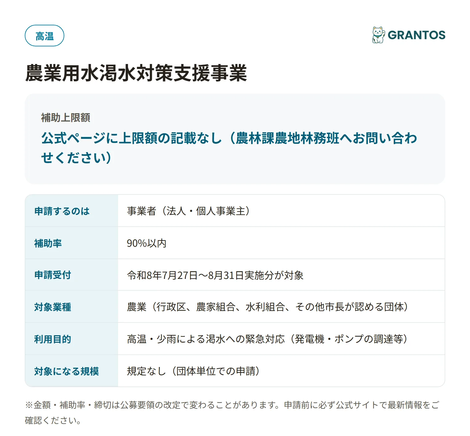 南魚沼市農業用水渇水対策支援事業の対象・金額・締切の概要