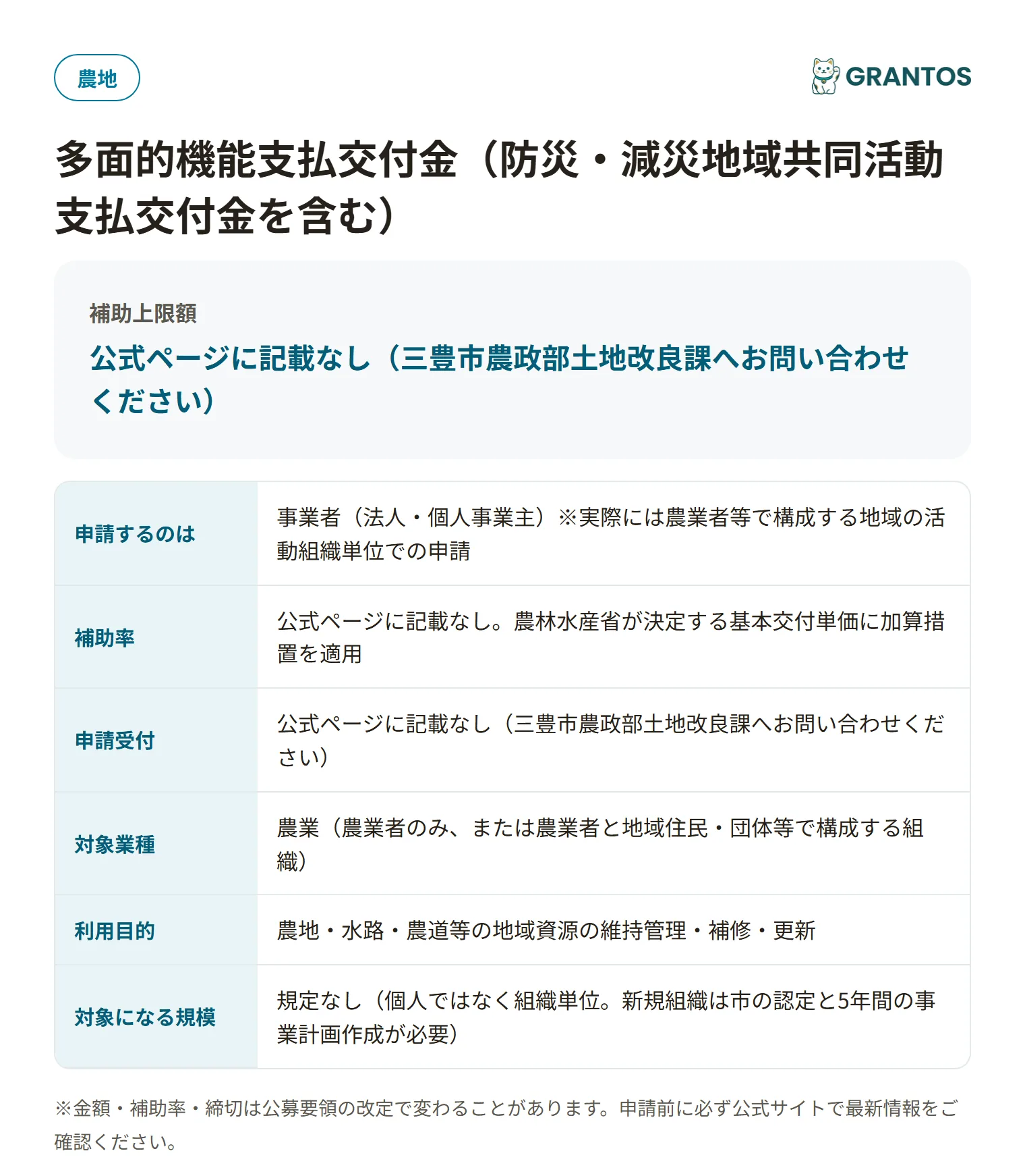 三豊市多面的機能支払交付金の対象・活動内容の概要