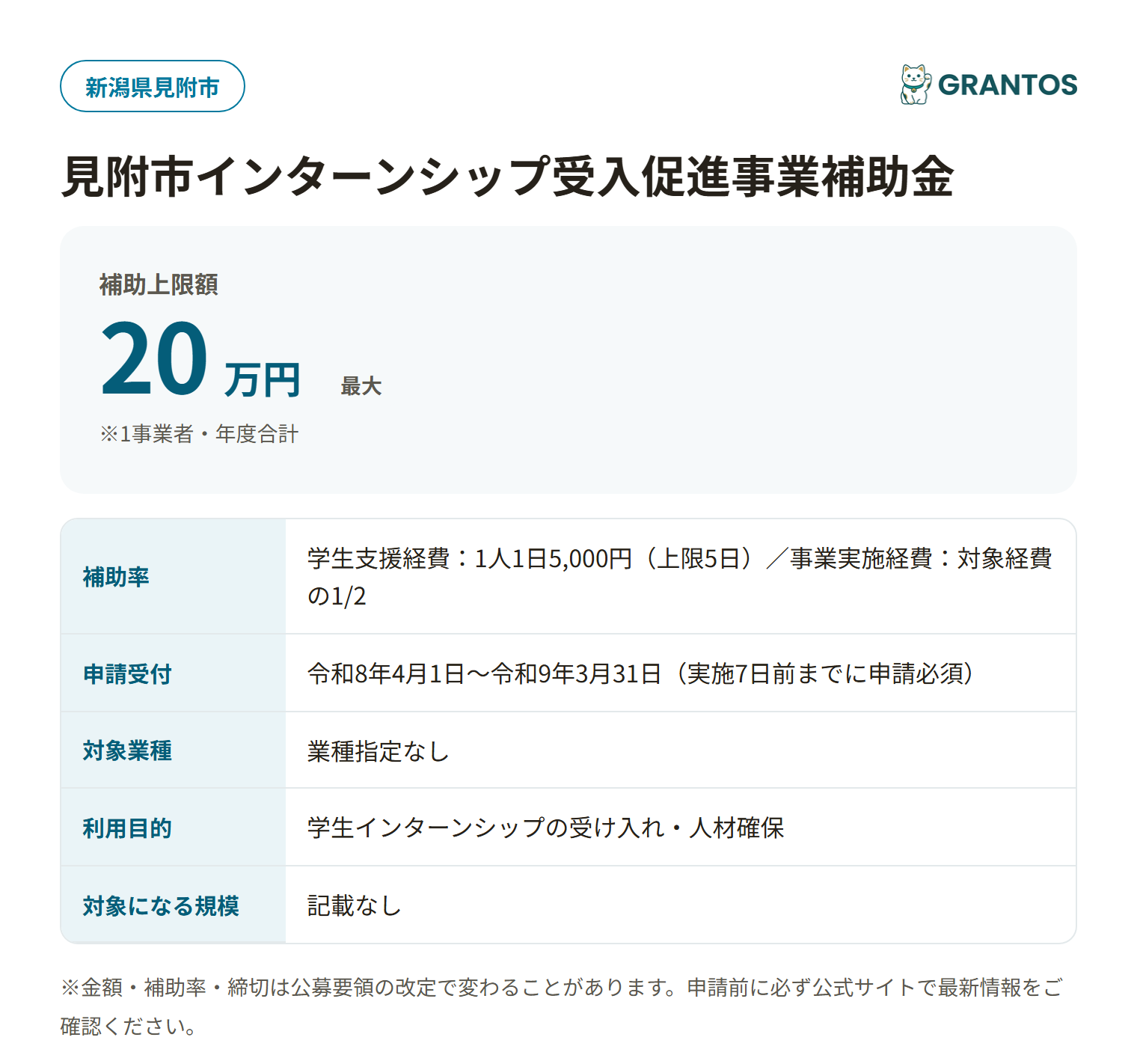 見附市インターンシップ受入促進事業補助金の対象・金額・締切の概要