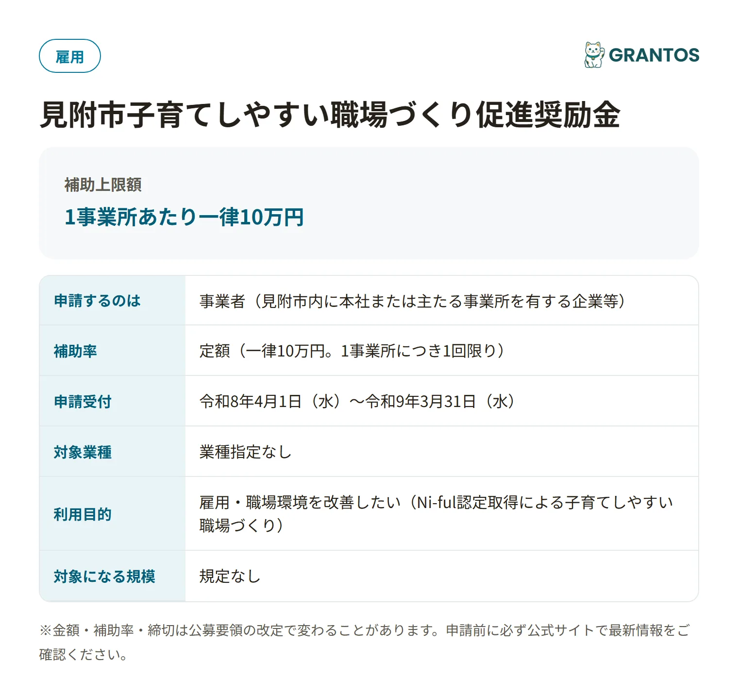見附市子育てしやすい職場づくり促進奨励金の対象・金額・締切の概要