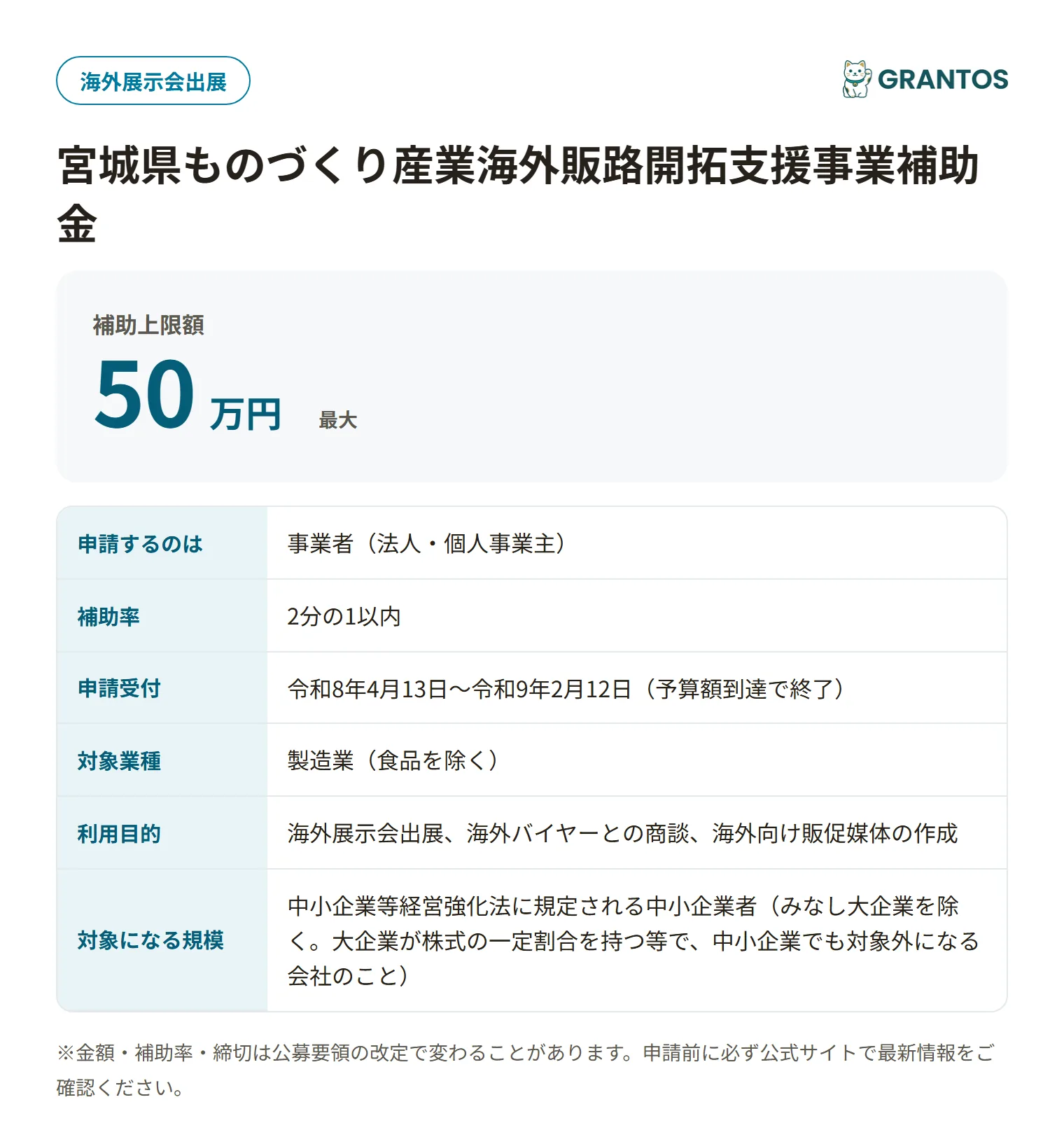 宮城県ものづくり産業海外販路開拓支援事業補助金の対象・金額・締切の概要