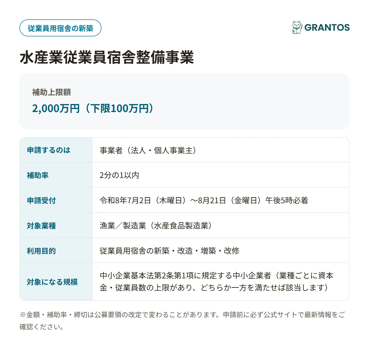 水産業従業員宿舎整備事業の対象・金額・締切の概要