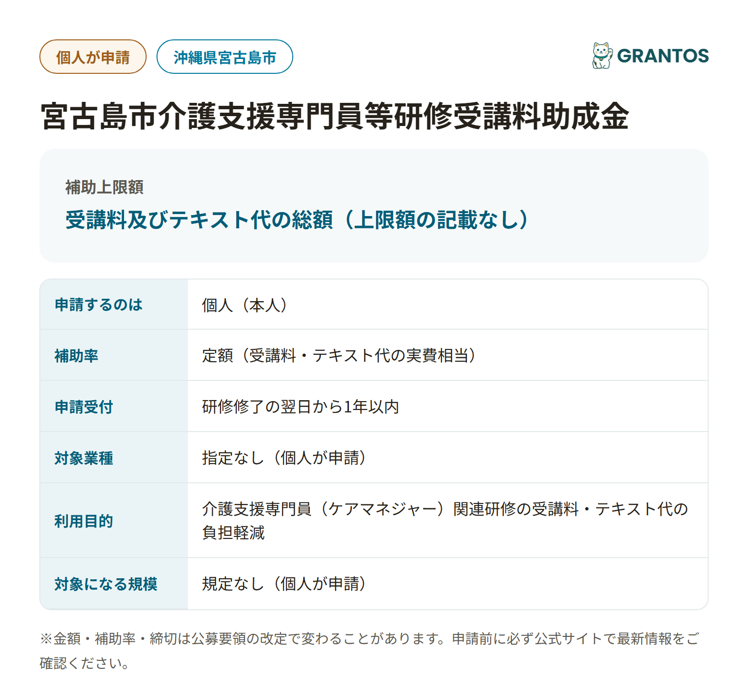 宮古島市介護支援専門員等研修受講料助成金の対象・金額・締切の概要
