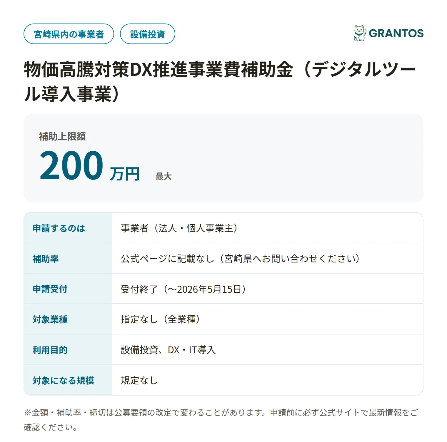 宮崎県物価高騰対策DX推進事業費補助金の対象・金額・締切の概要