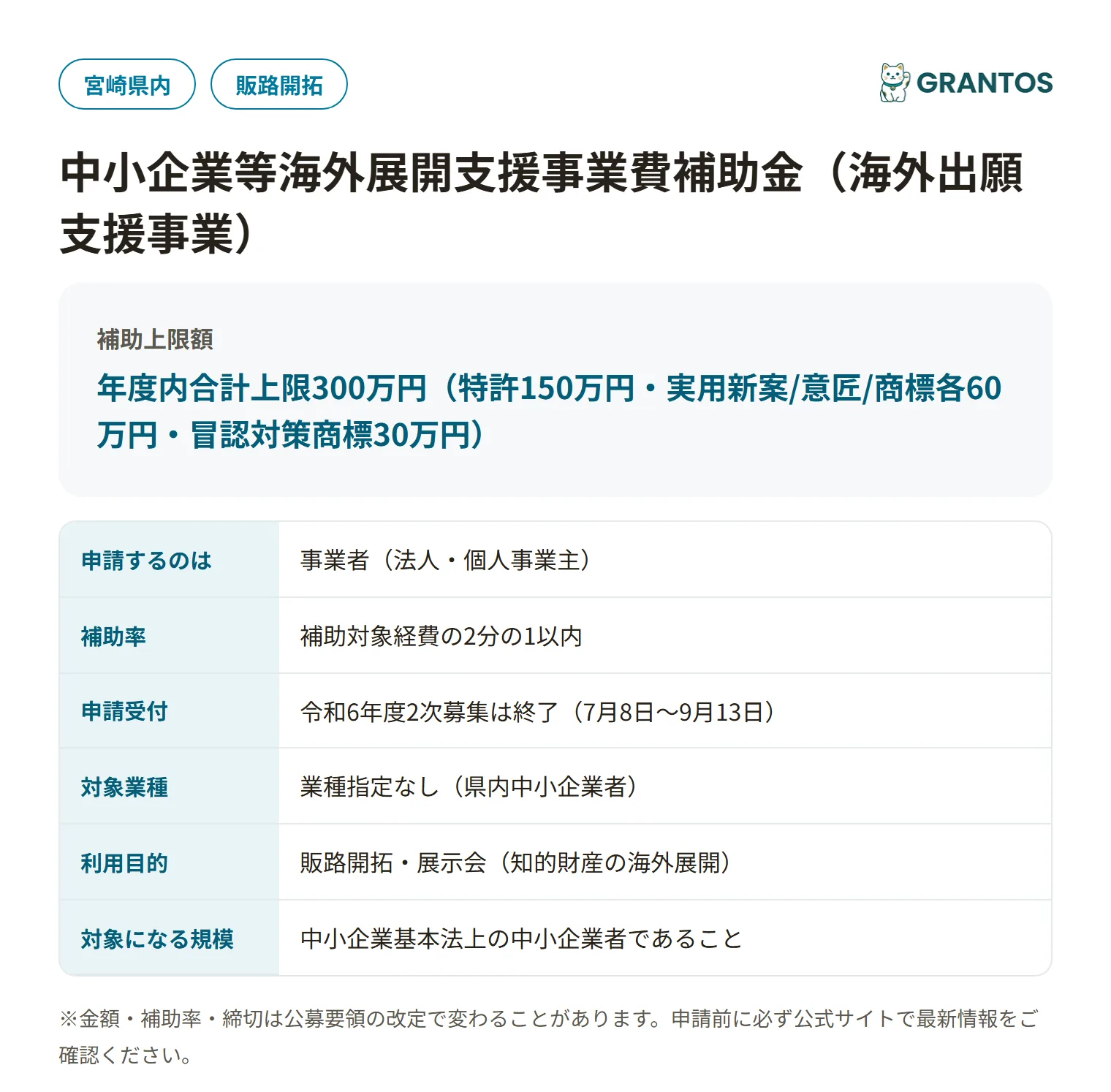 中小企業等海外展開支援事業費補助金（海外出願支援事業）の対象・金額・締切の概要