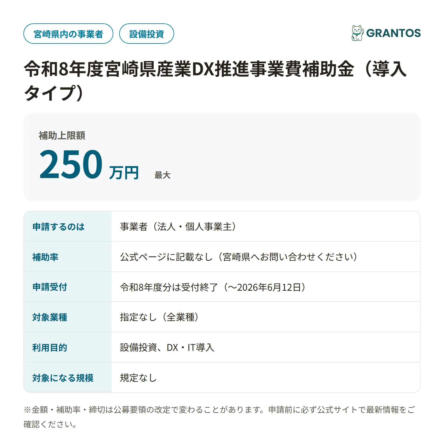 宮崎県産業DX推進事業費補助金（導入タイプ）の対象・金額・締切の概要