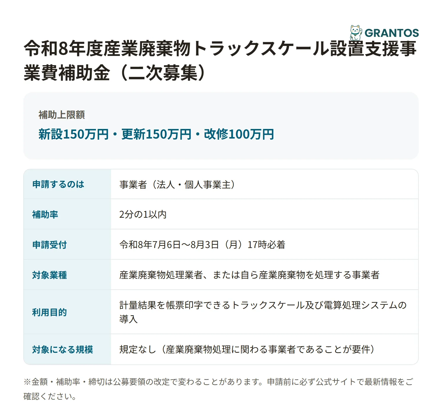 産業廃棄物トラックスケール設置支援事業費補助金の対象・金額・締切の概要