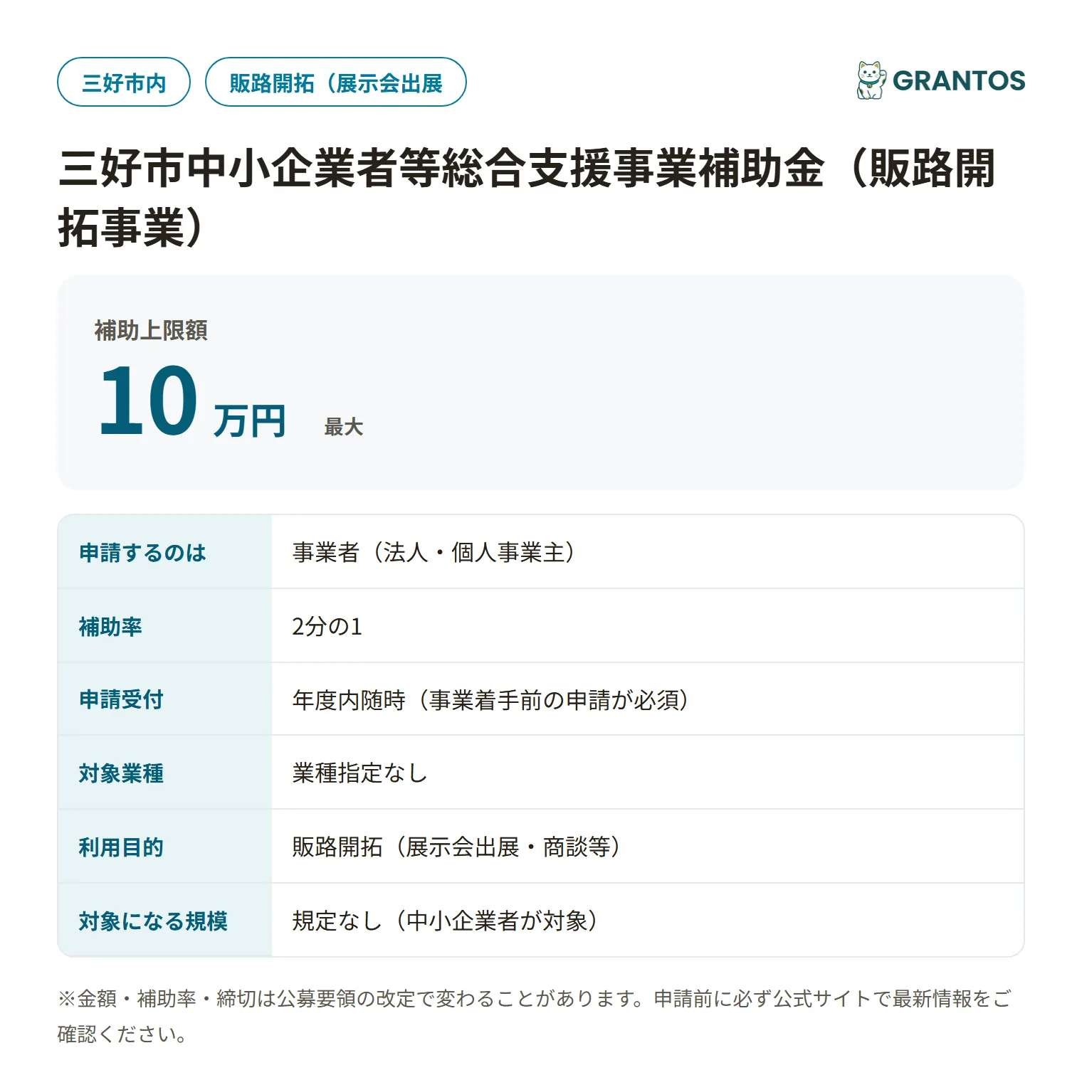 三好市販路開拓事業補助金の対象・金額・締切の概要