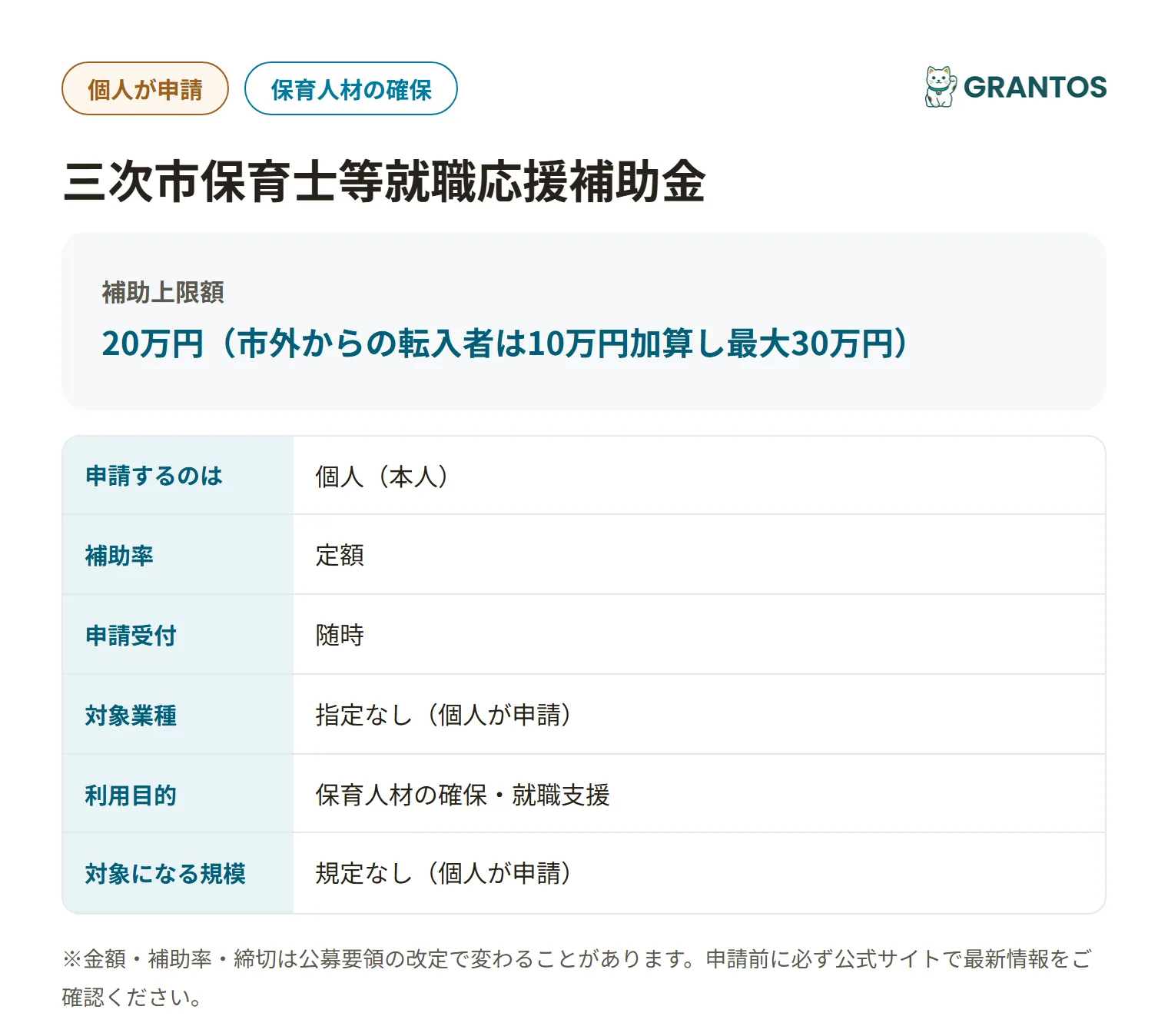 三次市保育士等就職応援補助金の対象・金額・締切の概要