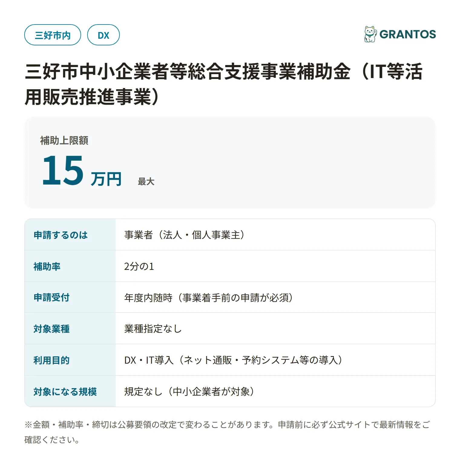 三好市IT等活用販売推進事業補助金の対象・金額・締切の概要