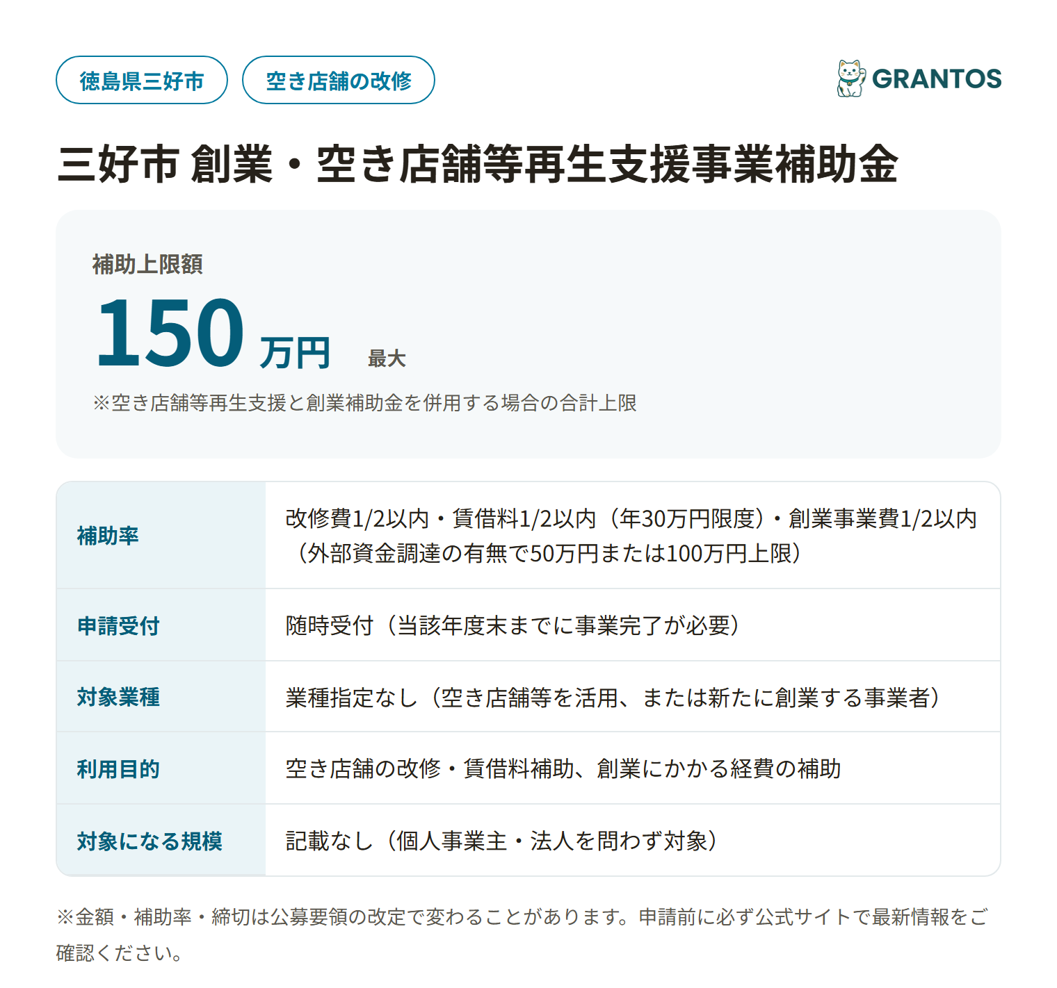 三好市創業・空き店舗等再生支援事業補助金の対象・金額・締切の概要