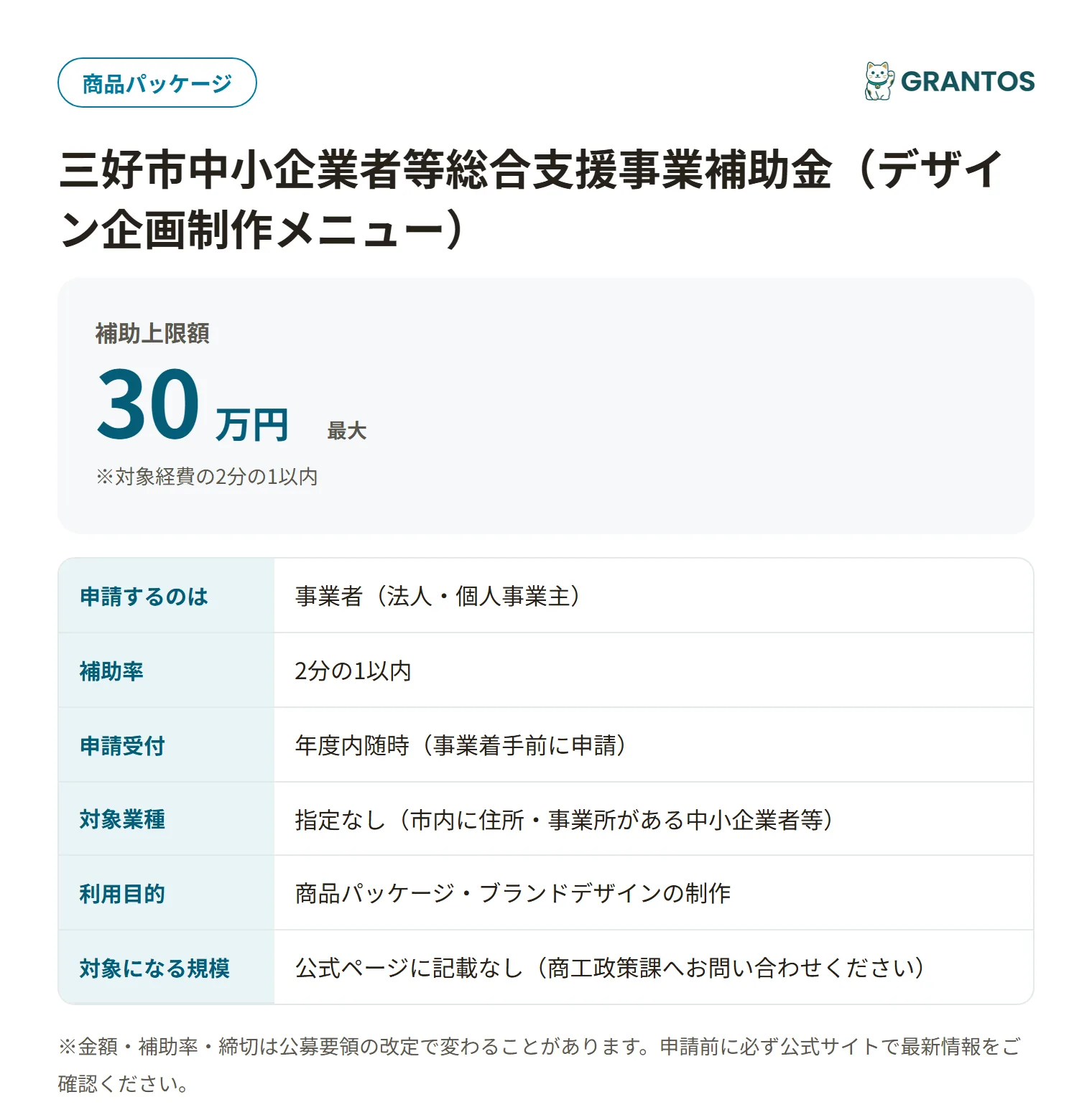 三好市中小企業者等総合支援補助金（デザイン企画制作）の対象・金額・締切の概要