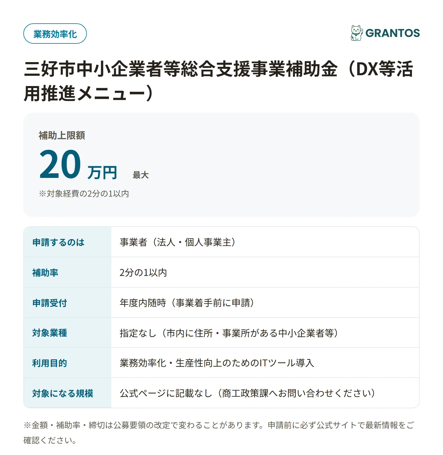 三好市中小企業者等総合支援補助金（DX活用推進）の対象・金額・締切の概要