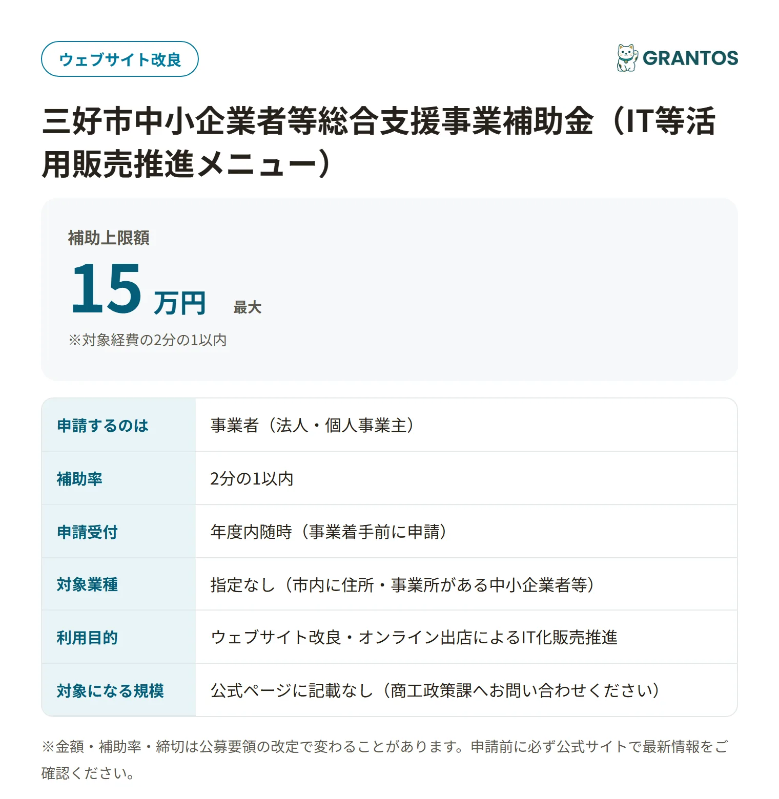 三好市中小企業者等総合支援補助金（IT活用販売推進）の対象・金額・締切の概要