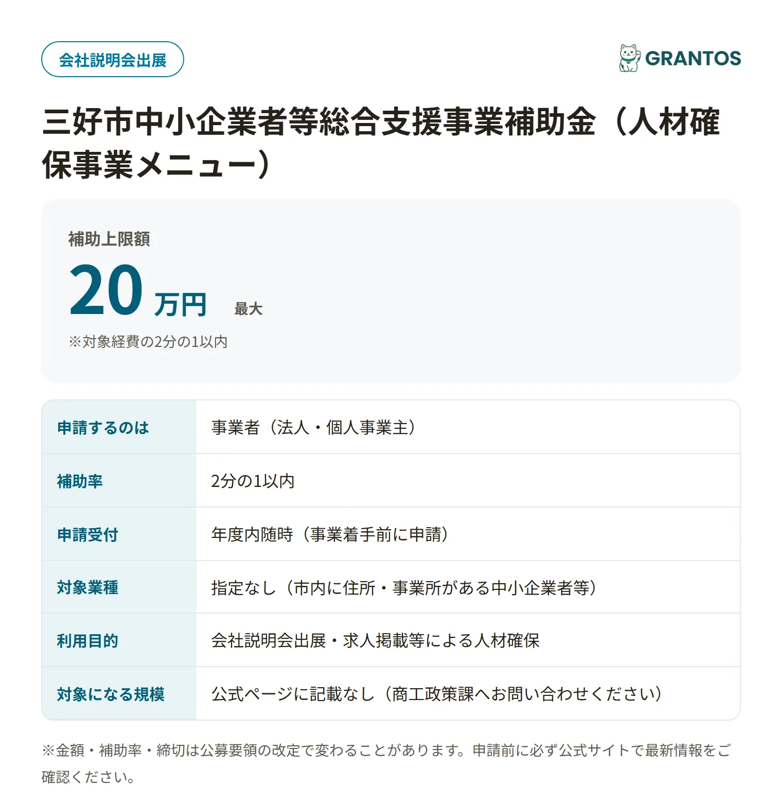 三好市中小企業者等総合支援補助金（人材確保）の対象・金額・締切の概要