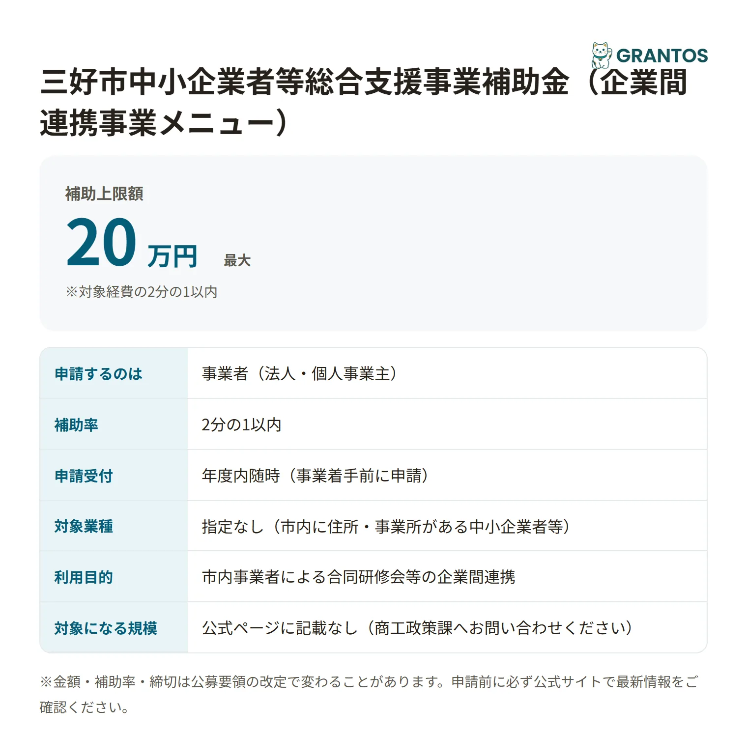 三好市中小企業者等総合支援補助金（企業間連携）の対象・金額・締切の概要