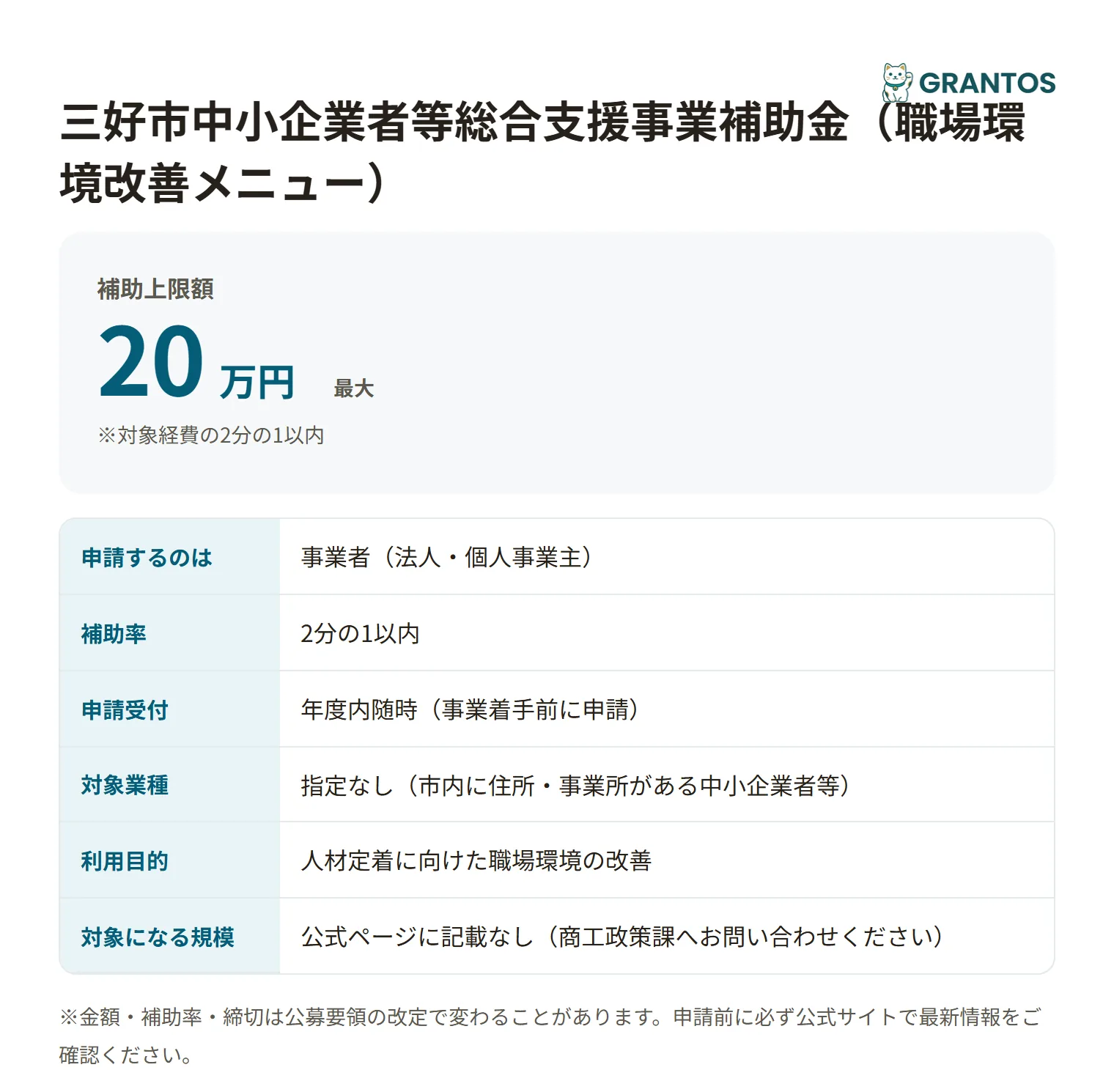 三好市中小企業者等総合支援補助金（職場環境改善）の対象・金額・締切の概要