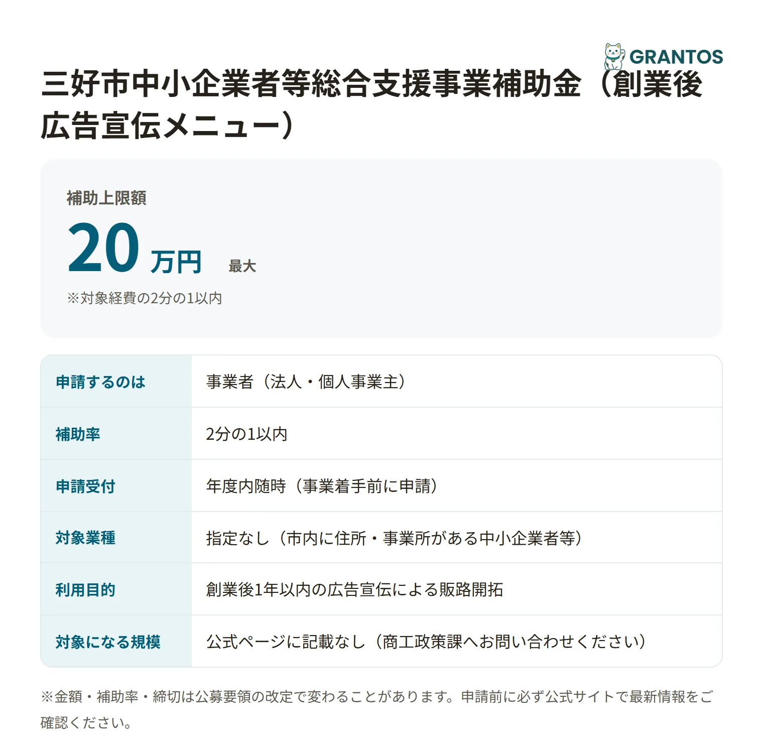 三好市中小企業者等総合支援補助金（創業後広告宣伝）の対象・金額・締切の概要