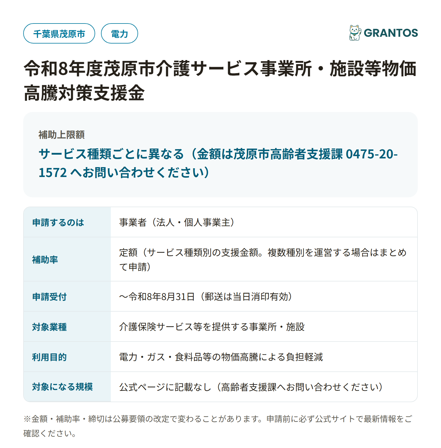 茂原市介護サービス事業所・施設等物価高騰対策支援金の対象・金額・締切の概要