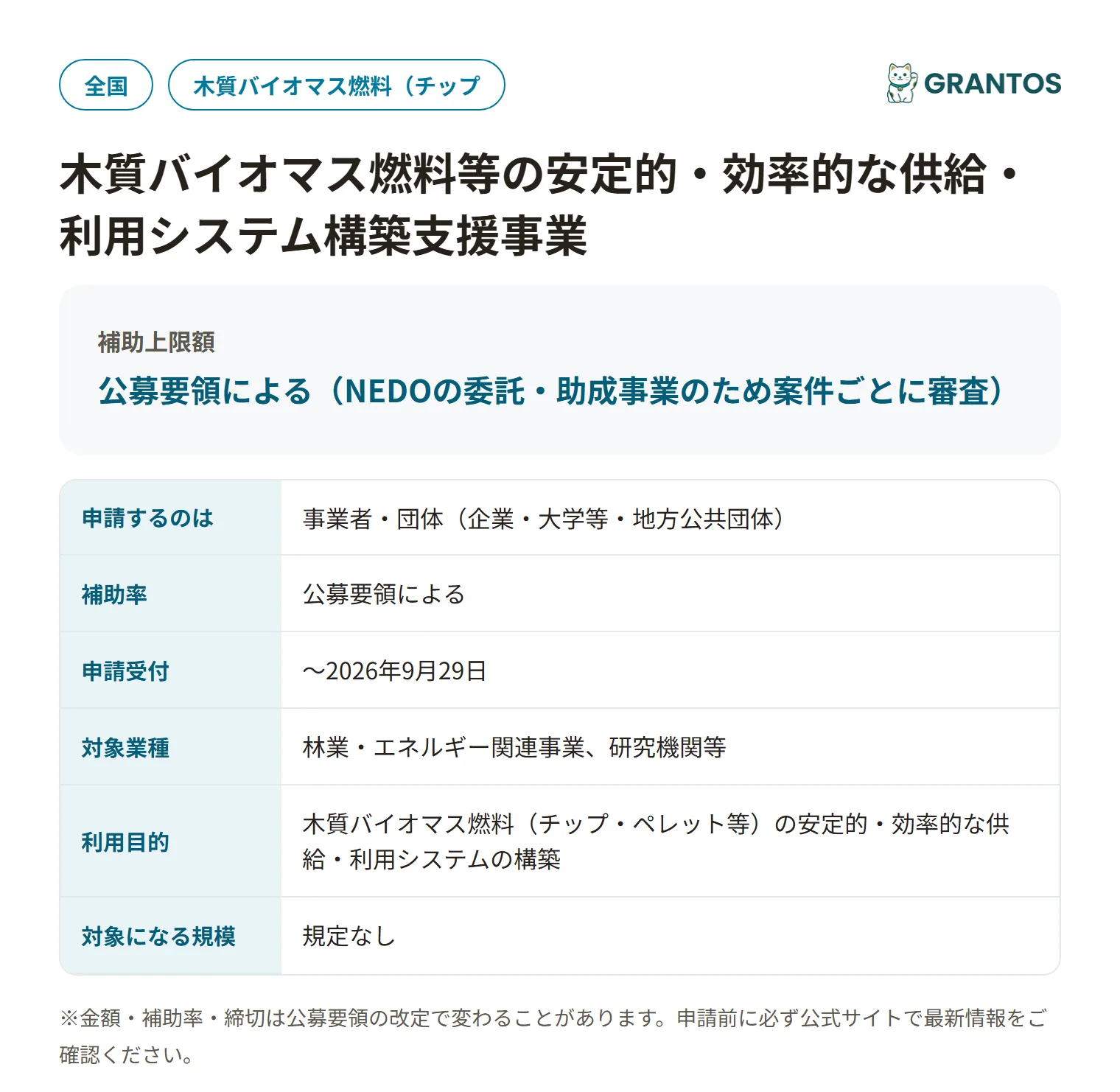 木質バイオマス燃料等の安定的・効率的な供給・利用システム構築支援事業の対象・金額・締切の概要