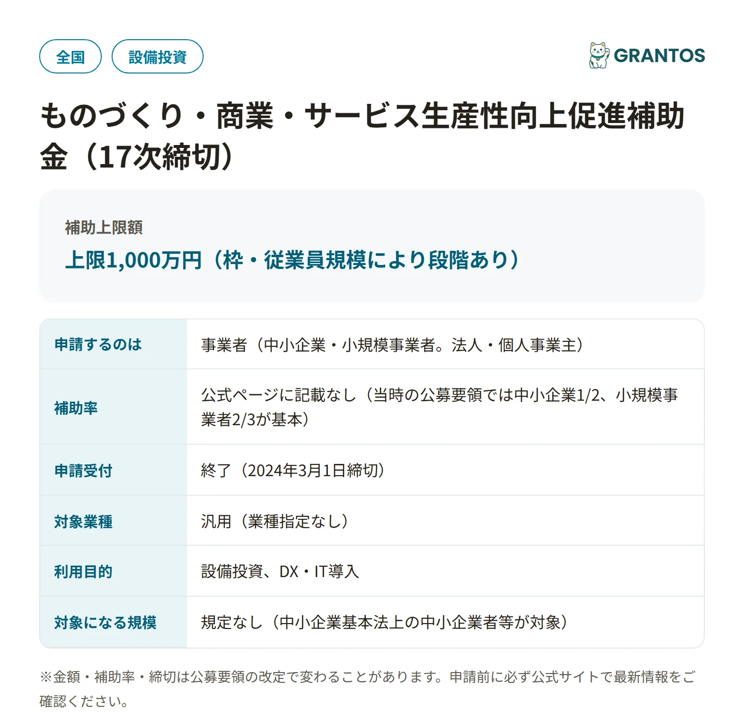 ものづくり・商業・サービス生産性向上促進補助金（17次締切）の対象・金額・締切の概要