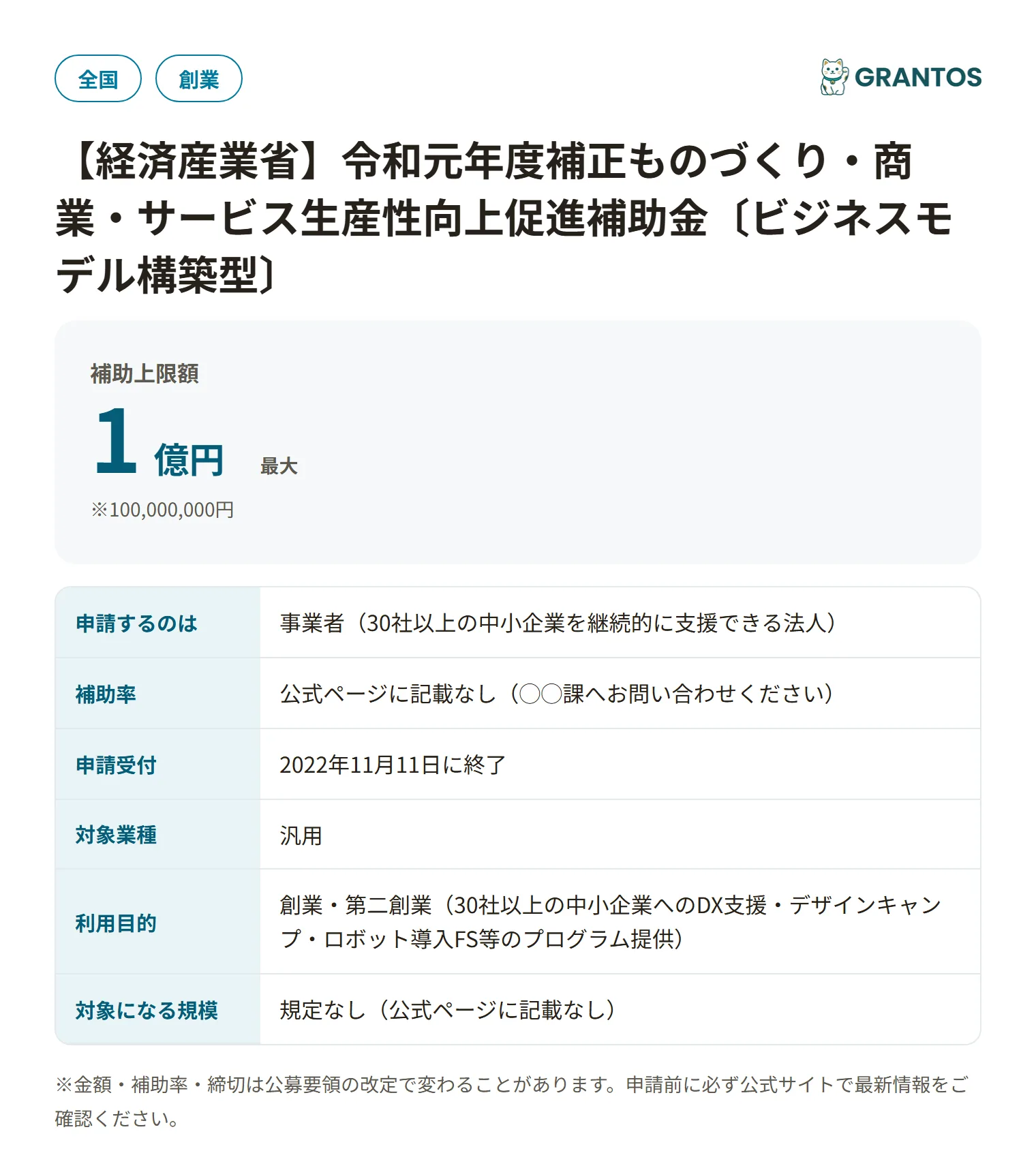 ものづくり補助金〔ビジネスモデル構築型〕の対象・金額・締切の概要