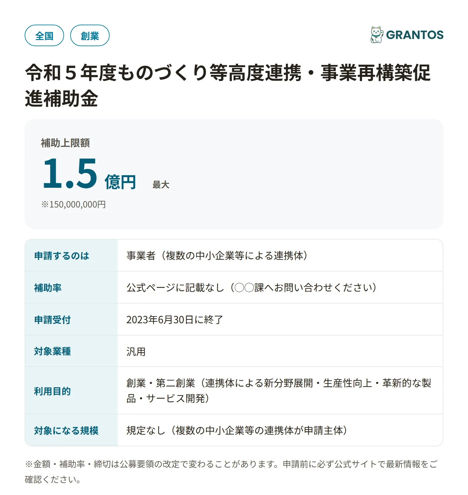 ものづくり等高度連携・事業再構築促進補助金の対象・金額・締切の概要