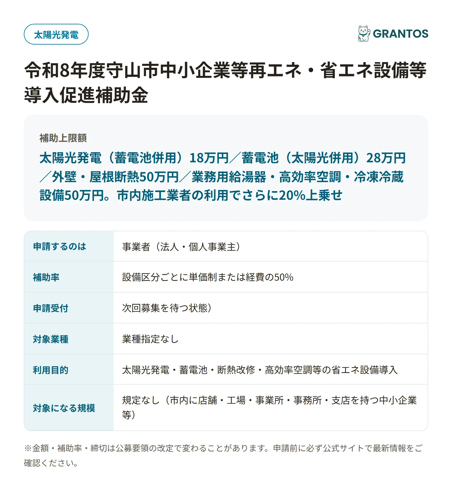 守山市中小企業等再エネ・省エネ設備等導入促進補助金の対象・金額・締切の概要