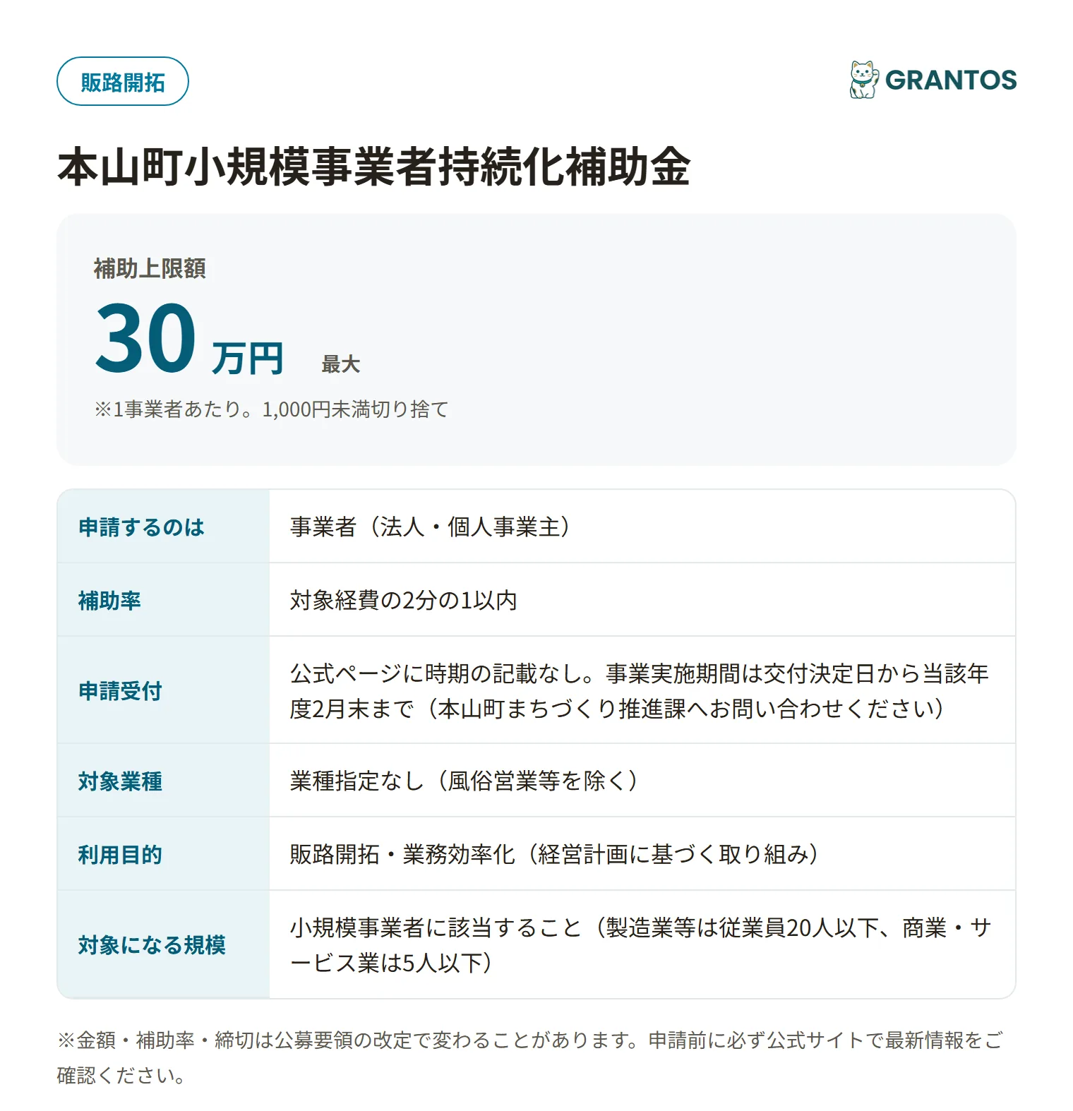 本山町小規模事業者持続化補助金の対象・金額・締切の概要