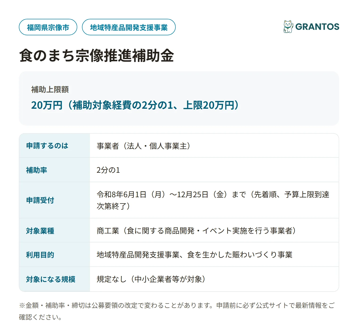 食のまち宗像推進補助金の対象・金額・締切の概要