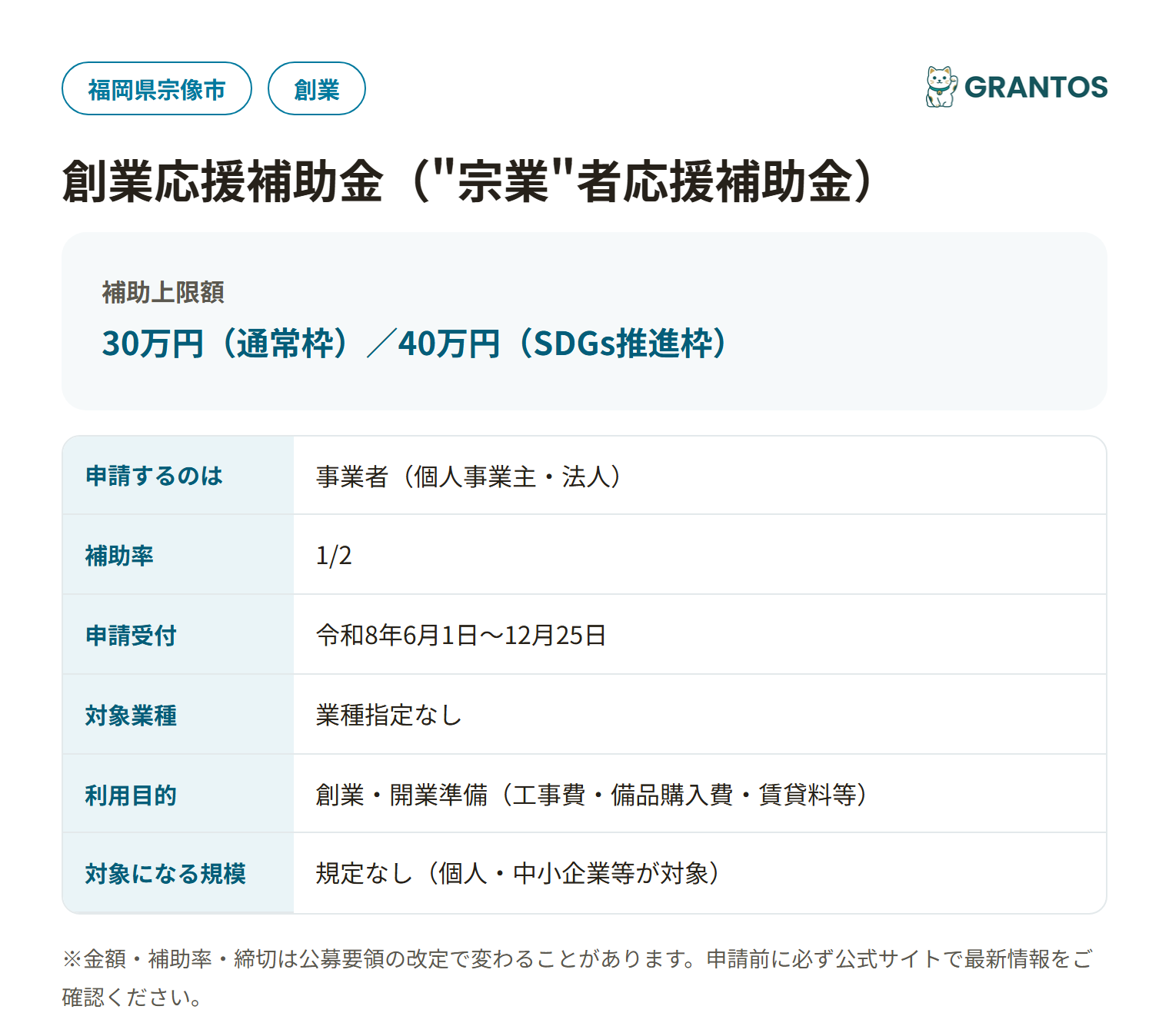 創業応援補助金（"宗業"者応援補助金）の対象・金額・締切の概要