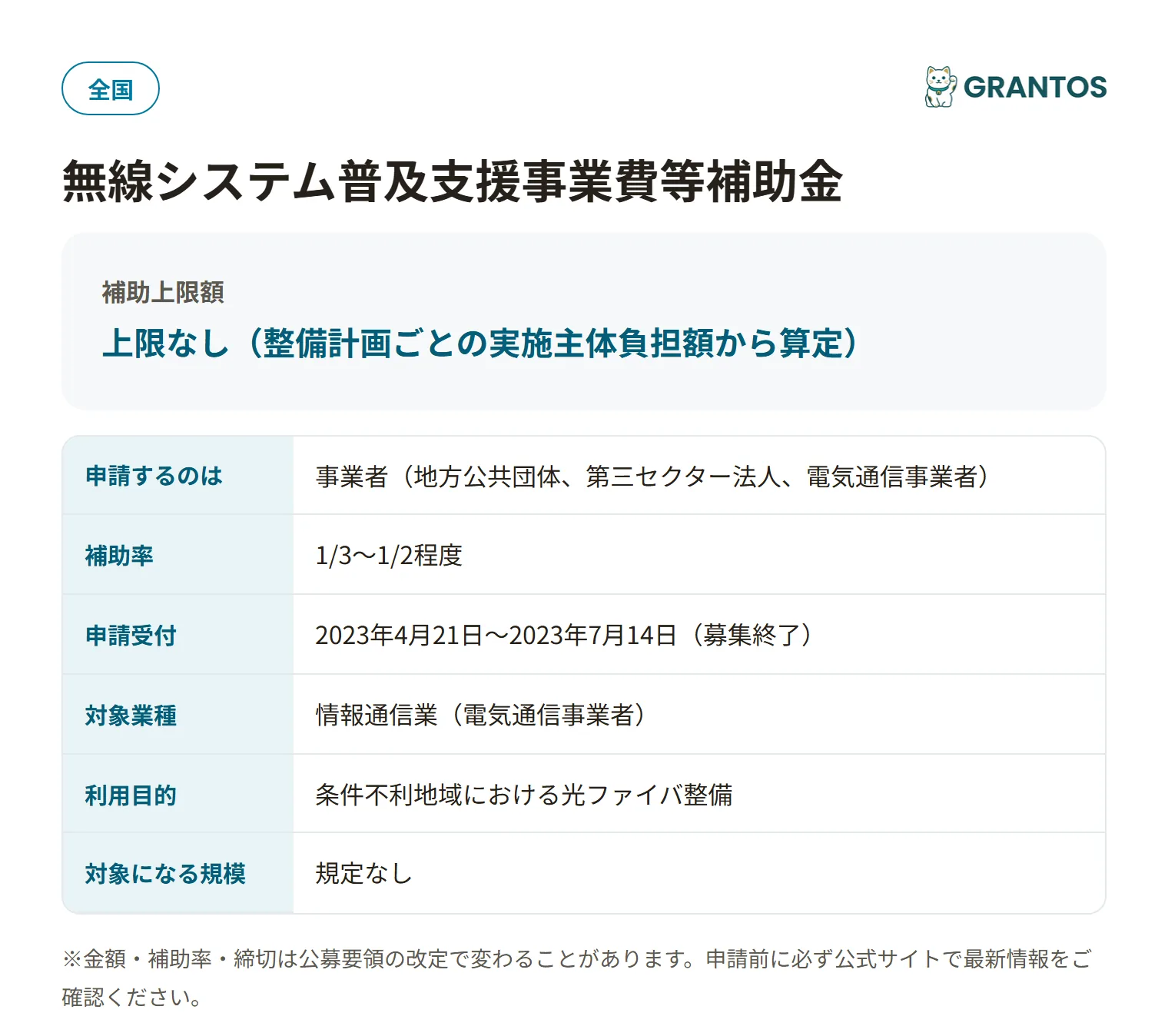 高度無線環境整備推進事業の対象・金額・締切の概要