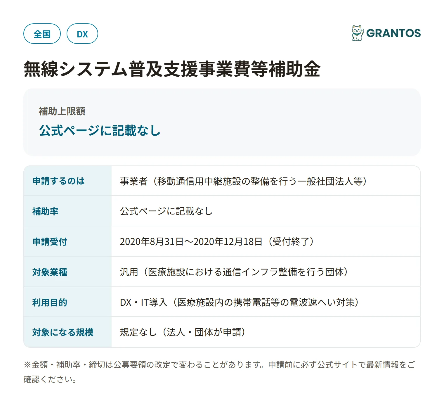 電波遮へい対策事業(医療施設対象)の対象・金額・締切の概要