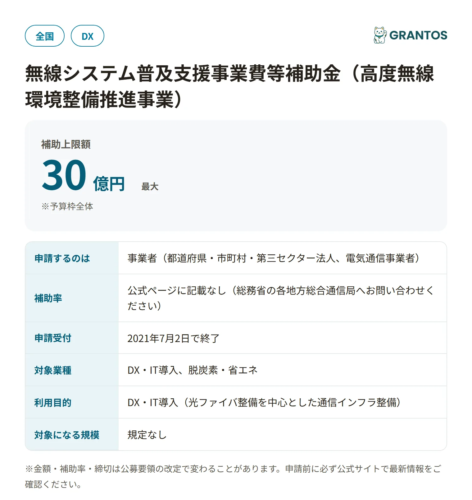 無線システム普及支援事業費等補助金（令和3年度当初予算 追加公募）の対象・金額・締切の概要