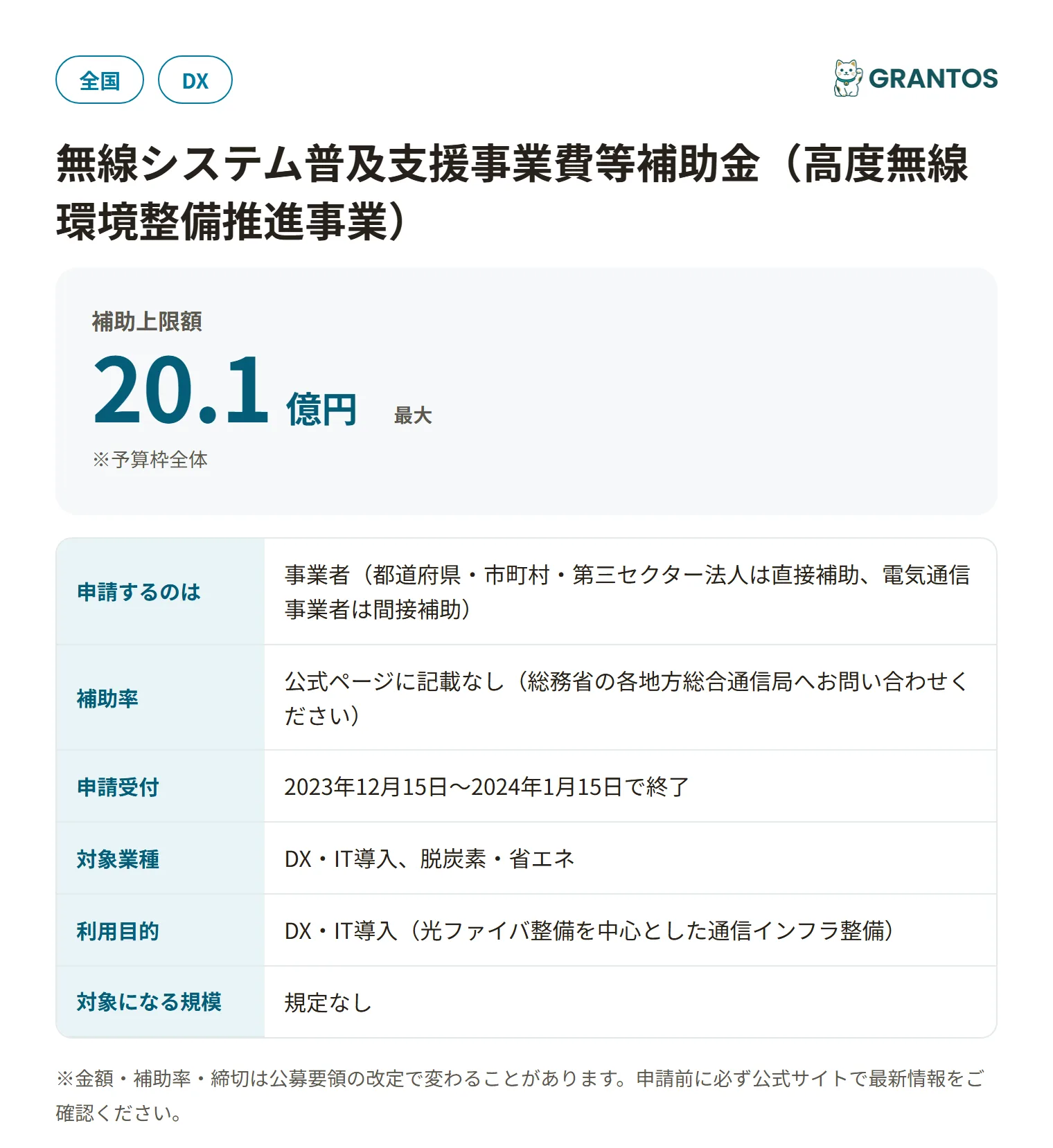 無線システム普及支援事業費等補助金（高度無線環境整備推進事業・令和5年度補正予算）の対象・金額・締切の概要