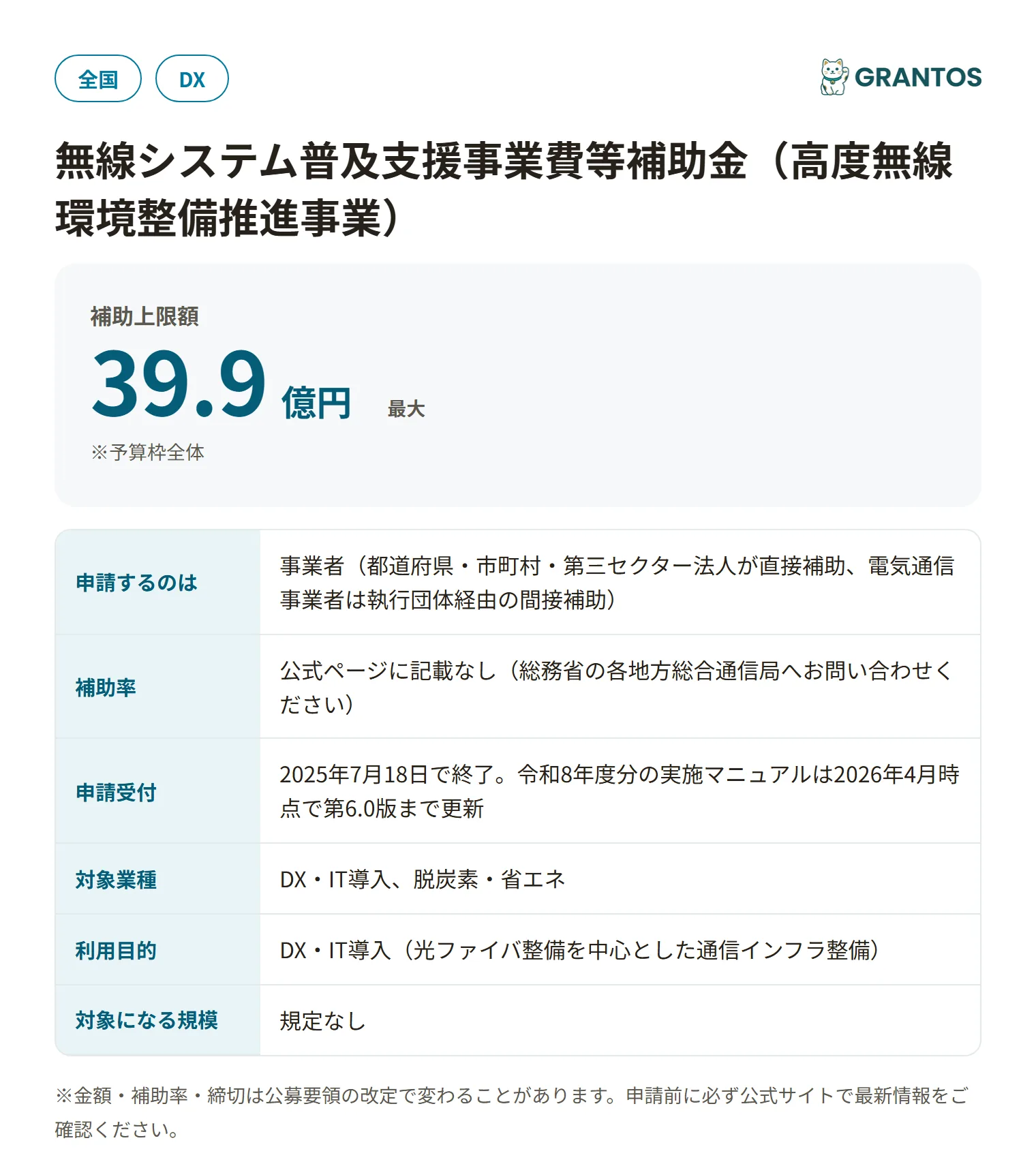 無線システム普及支援事業費等補助金(高度無線環境整備推進事業・令和7年度)の対象・金額・締切の概要