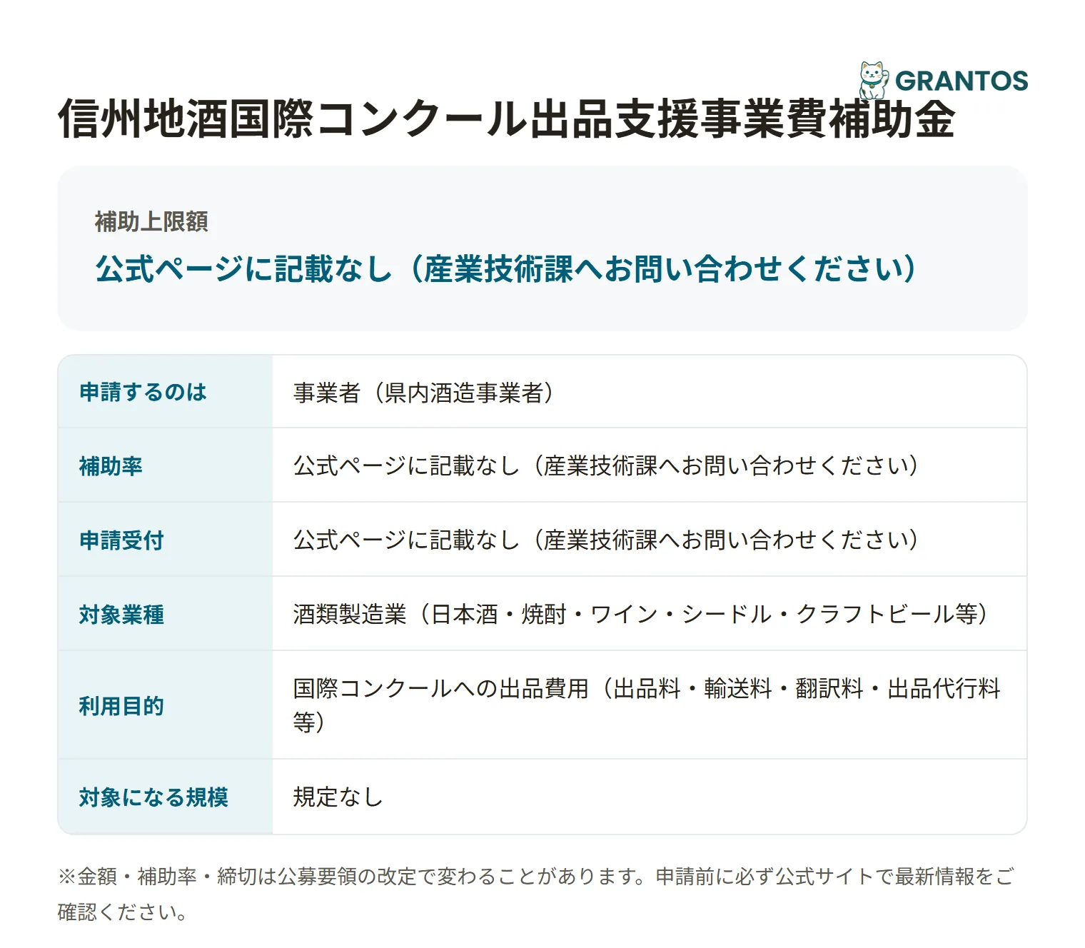 信州地酒国際コンクール出品支援事業費補助金の対象・金額・締切の概要