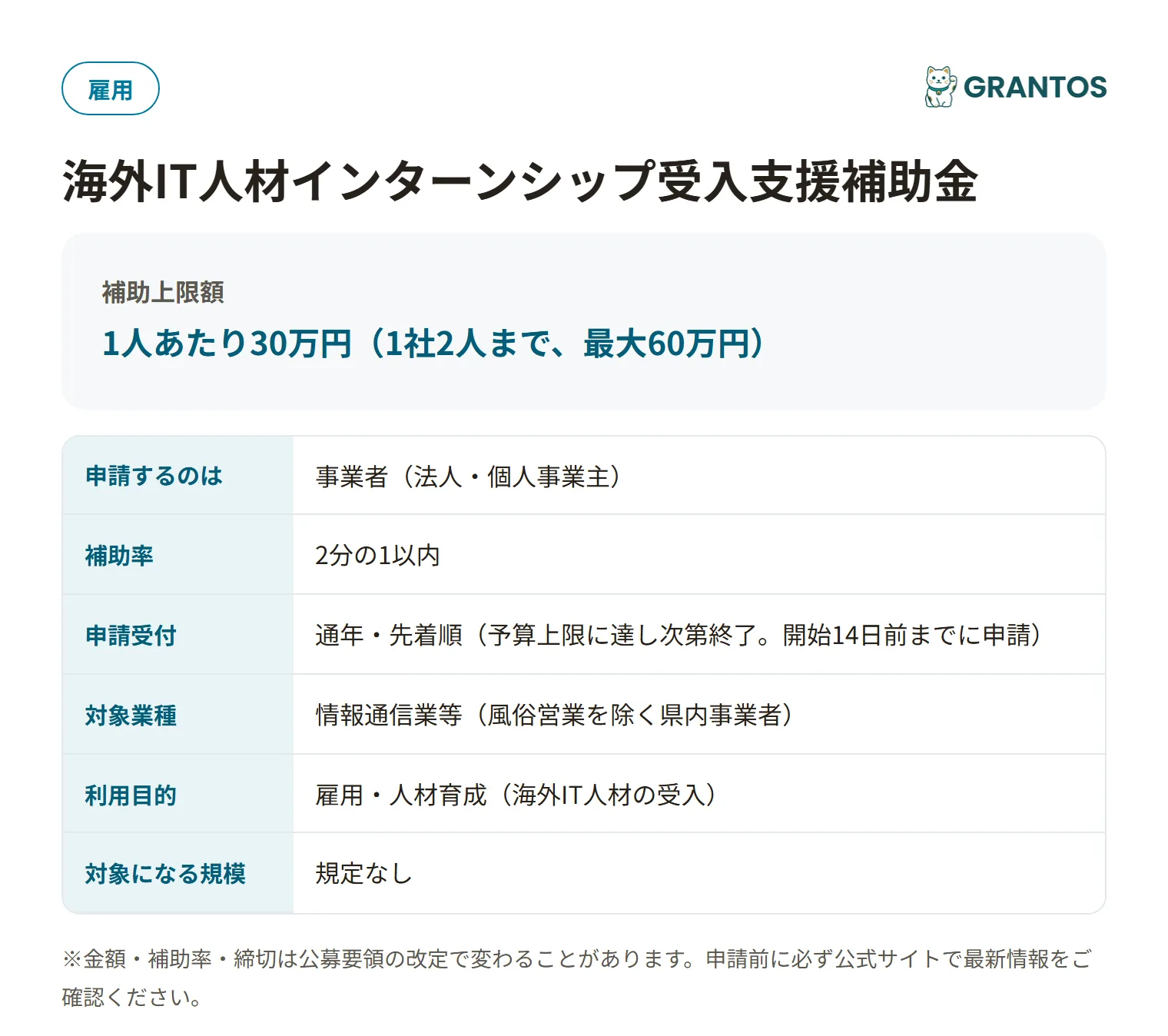 海外IT人材インターンシップ受入支援補助金の対象・金額・締切の概要