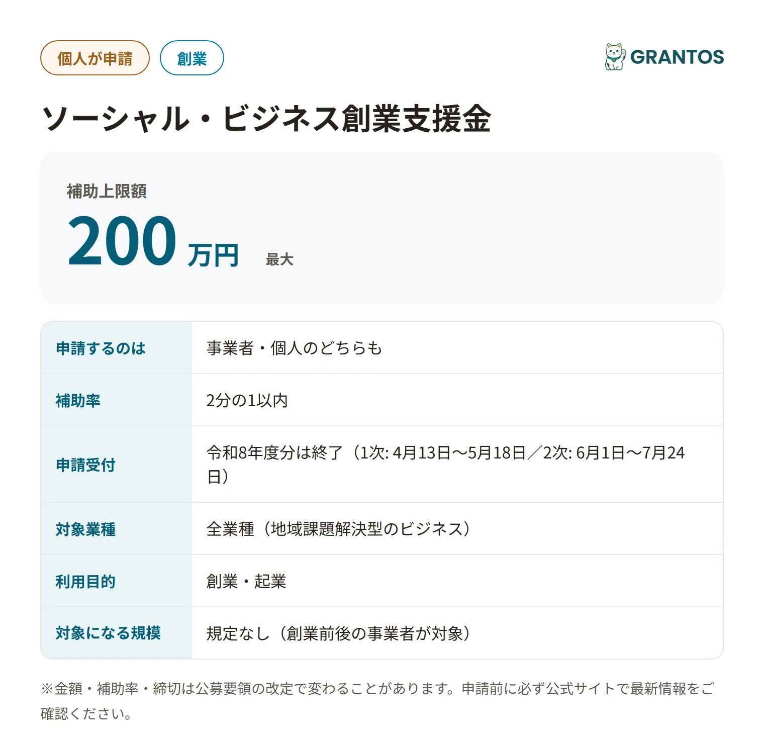 ソーシャル・ビジネス創業支援金の対象・金額・締切の概要