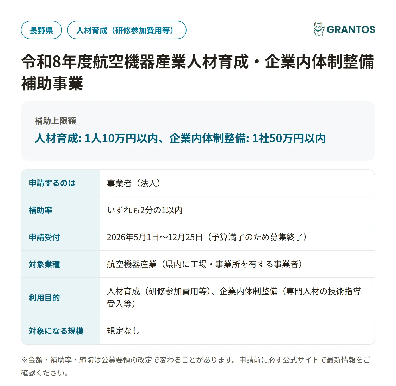 航空機器産業人材育成・企業内体制整備補助事業(令和8年度)の対象・金額・締切の概要