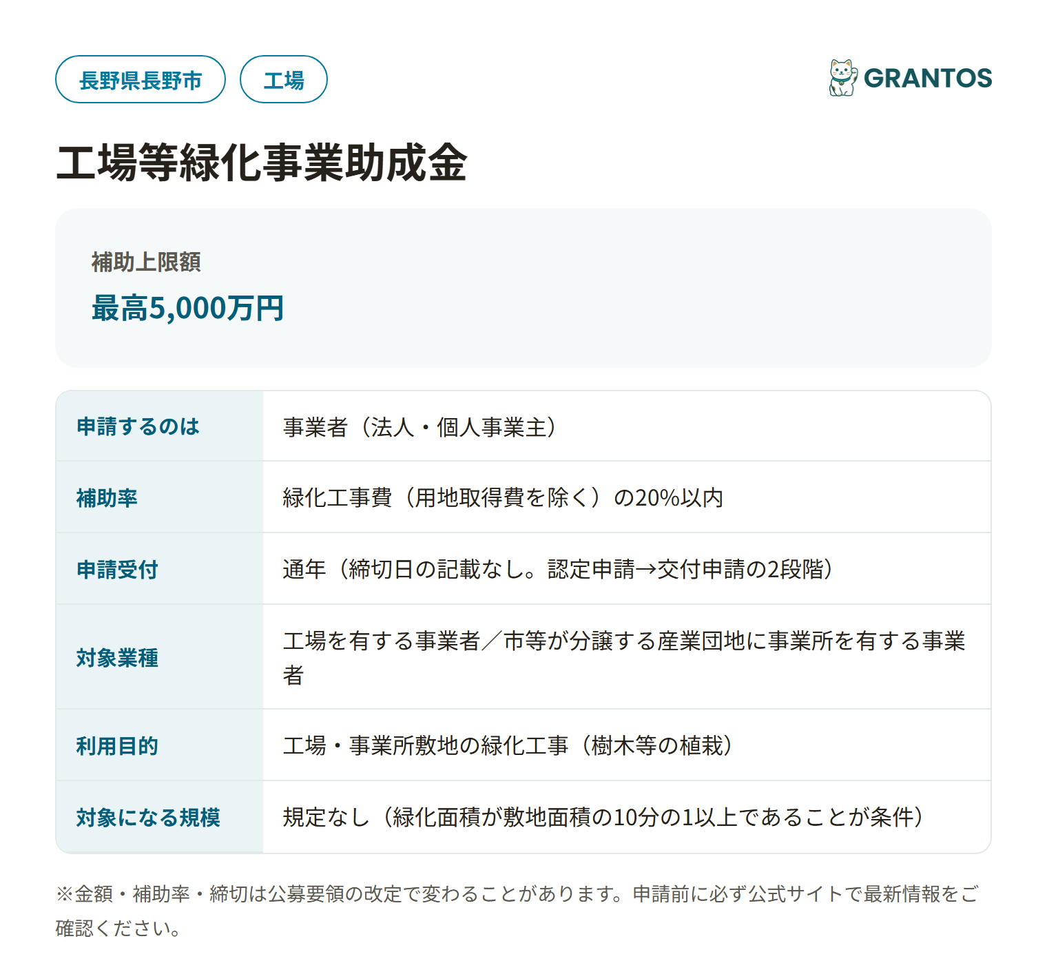 工場等緑化事業助成金の対象・金額・締切の概要