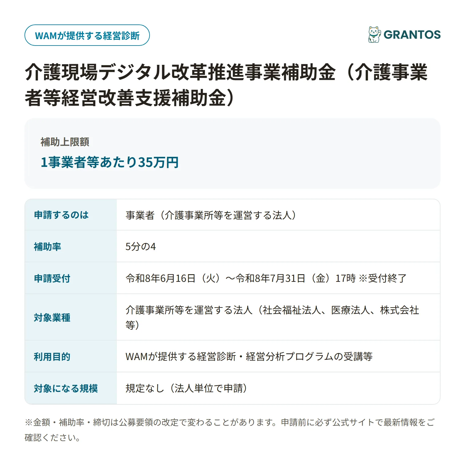 介護事業者等経営改善支援補助金の対象・金額・締切の概要