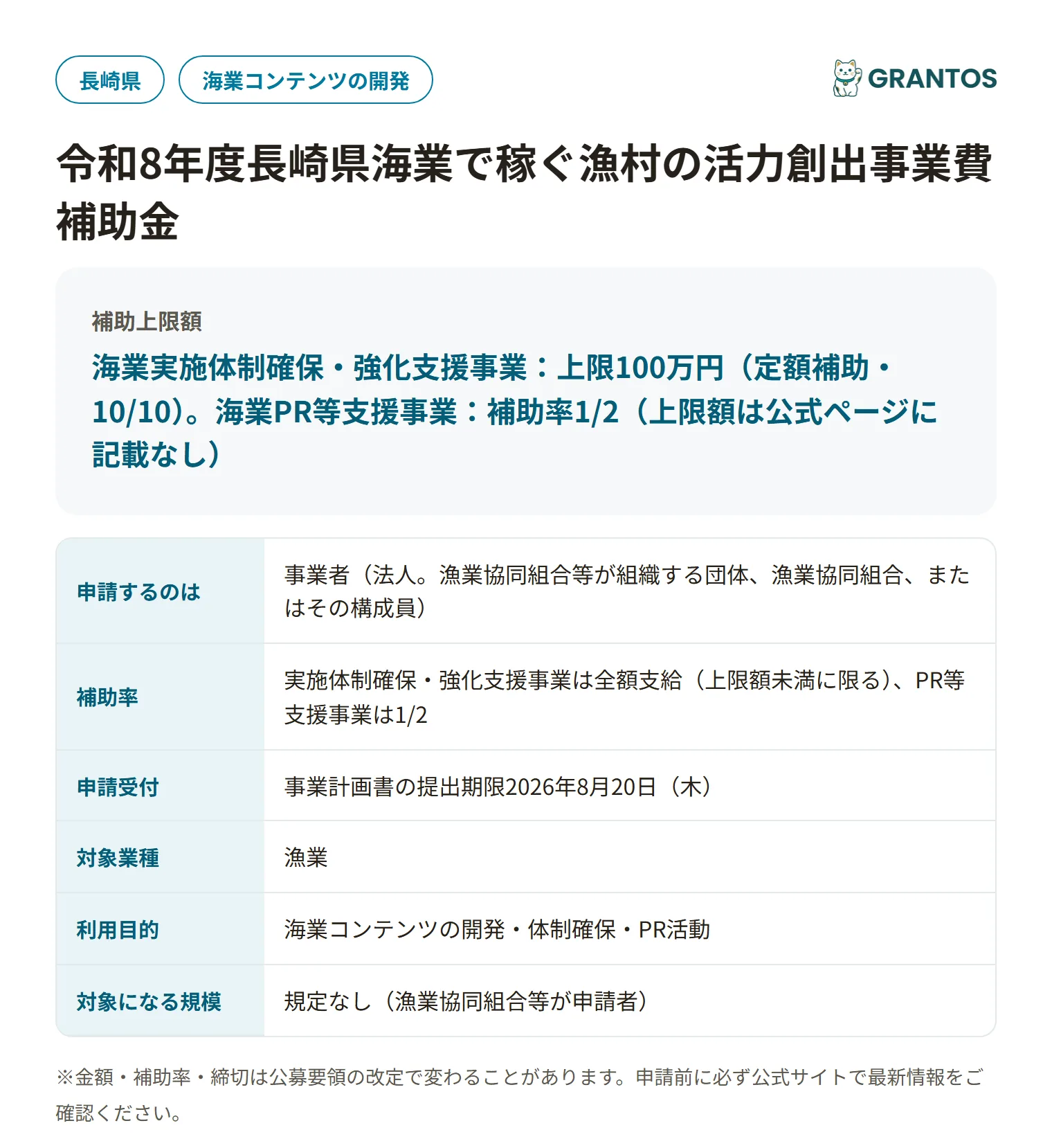 令和8年度長崎県海業で稼ぐ漁村の活力創出事業費補助金の対象・金額・締切の概要