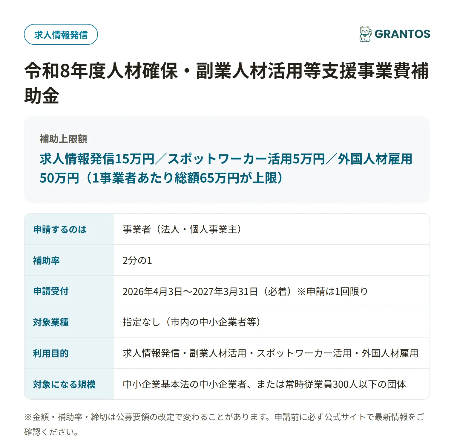 長門市人材確保・副業人材活用補助金の対象・金額・締切の概要