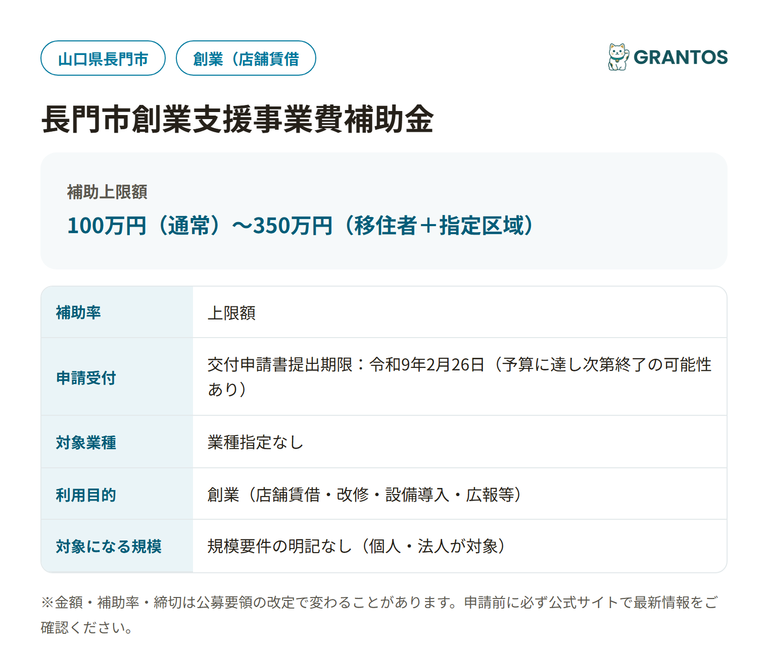 長門市創業支援事業費補助金の対象・金額・締切の概要
