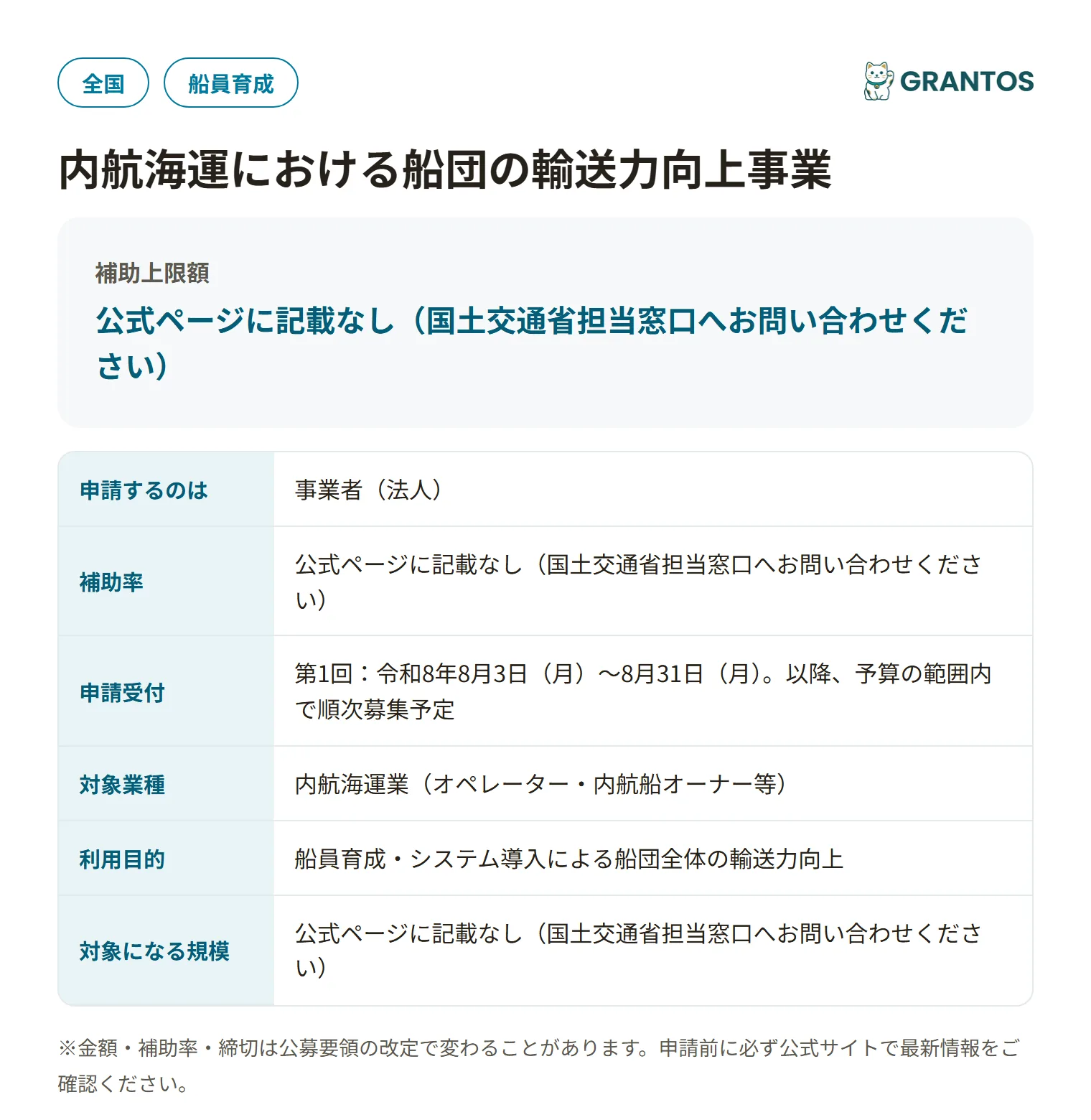 内航海運における船団の輸送力向上事業の対象・金額・締切の概要